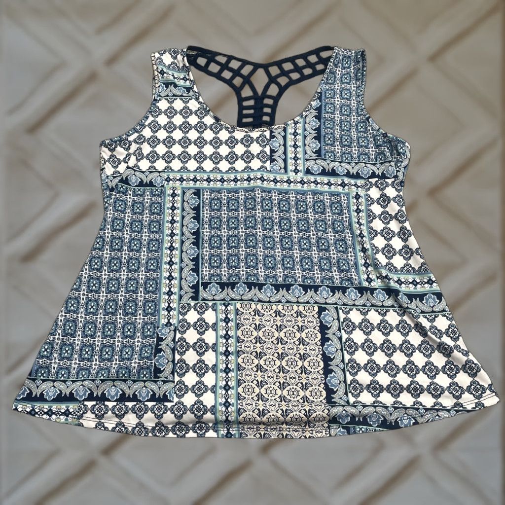 Vintage Perseption Concept Tank Top Women M Blue Geometric Racerback Sleeveless Casual Beach, Classic, Tropical Shirt Mens? Women Size M / US 6-8 / IT 42-44 - 1 Thumbnail
