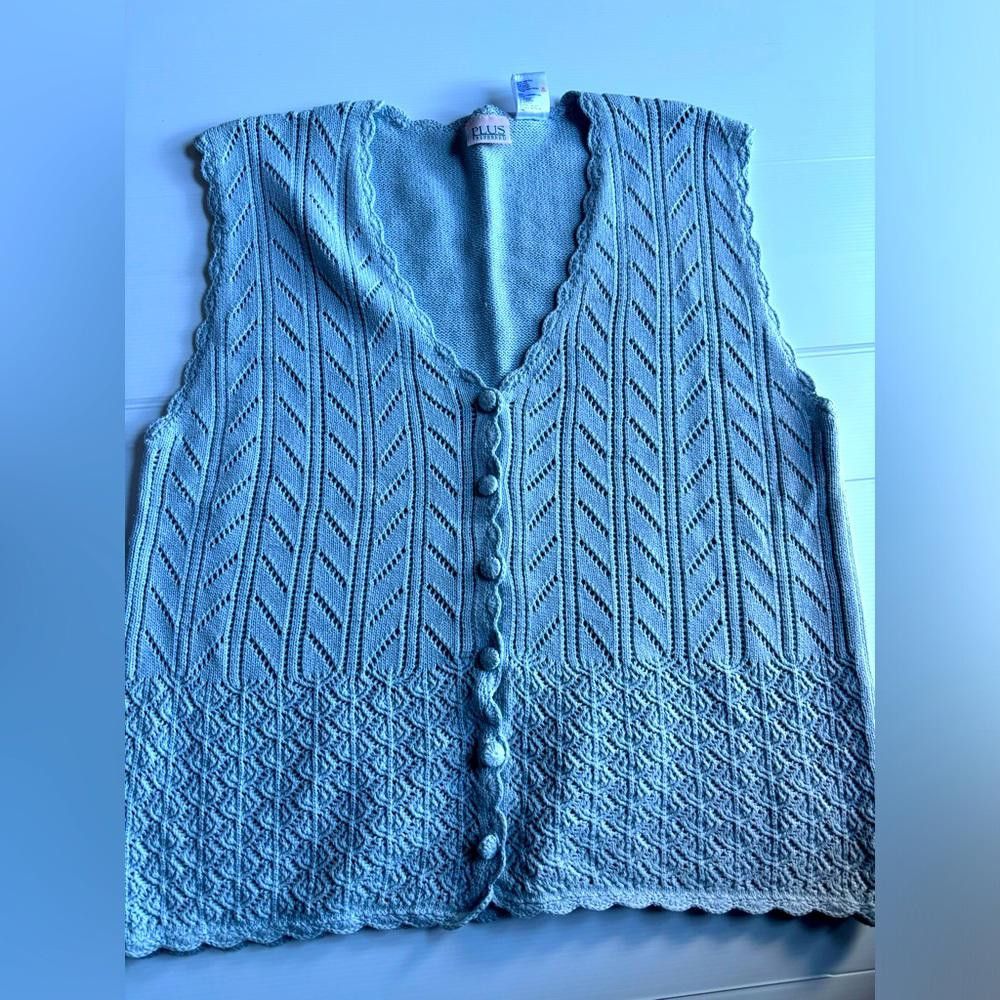 Designer Vintage Knitted Crochet Baby Blue Vest Size XXL / US 16-18 / IT 52-54 - 1 Thumbnail