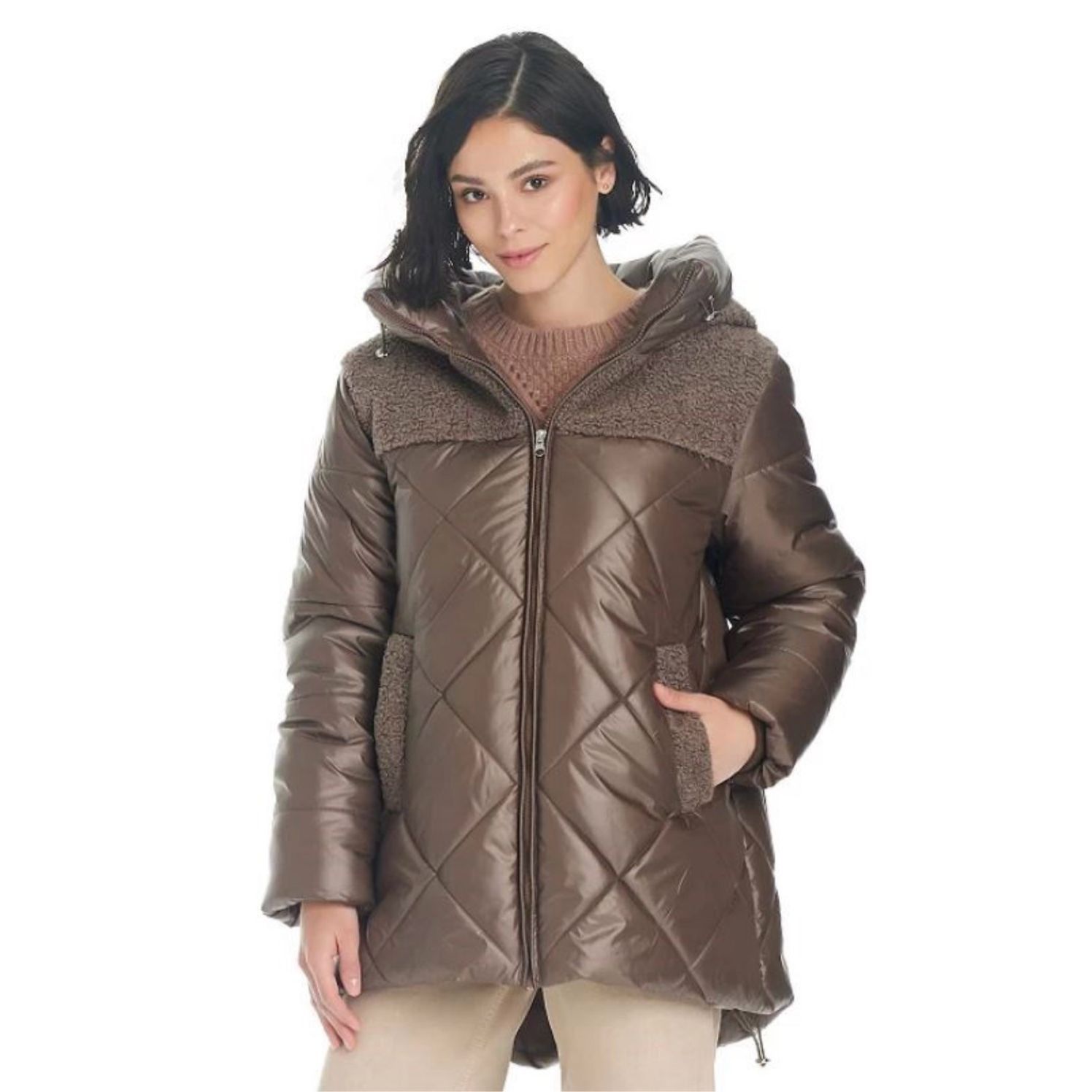 image of Koolaburra By UGG Sherpa Hooded Women’S Mixed-Media Puffer J in Brown, Women's (Size XL)