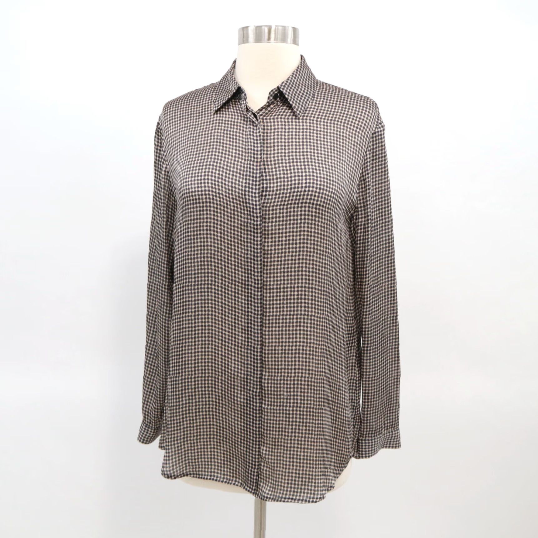 VINTAGE Club Monaco Silk Blouse Shirt Top Womens XS Gingham Black Ivory Beige Hi-Low Formal Office Retirement