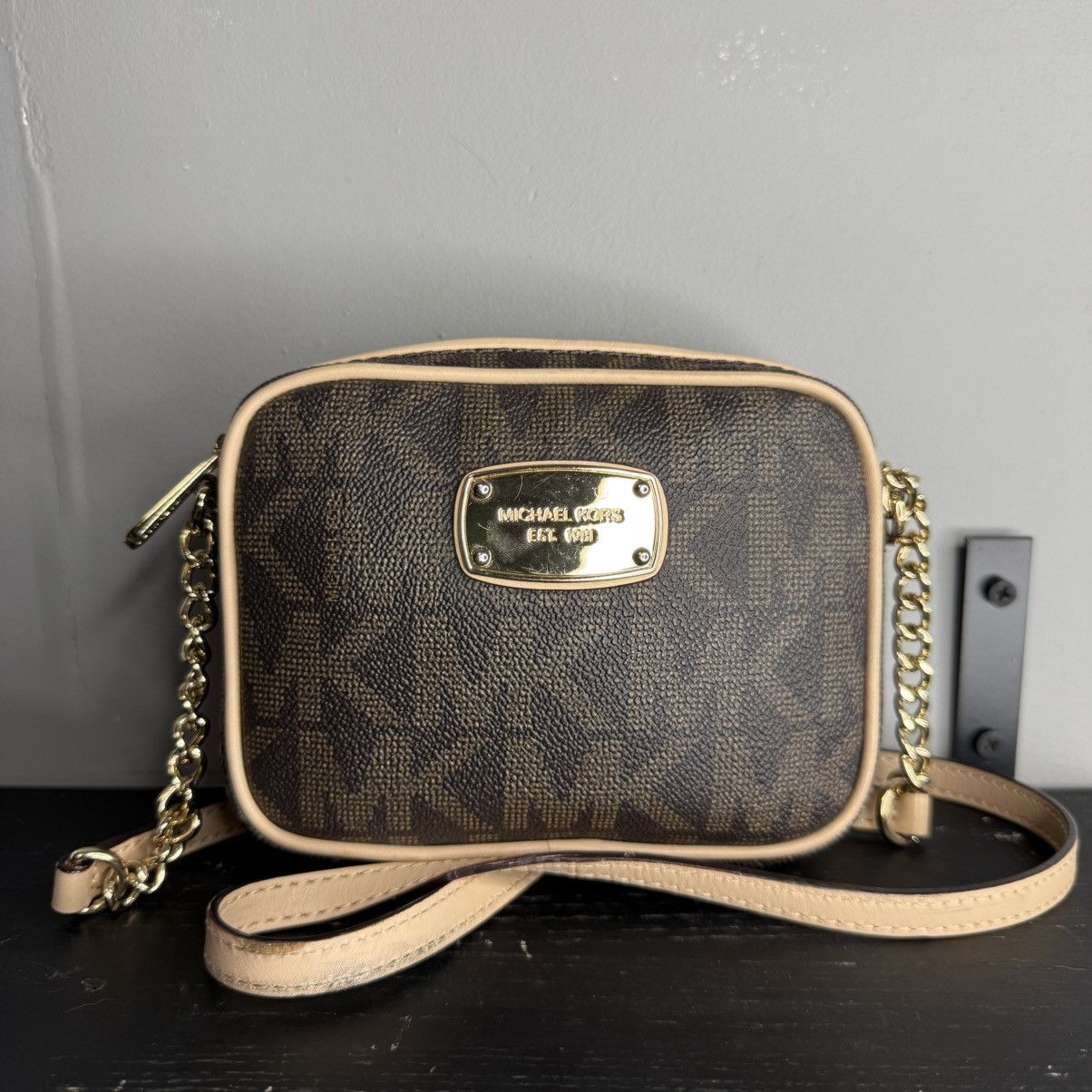 Michael Kors Brown Beige Small Purse Gold Chain Crossbody, Women's