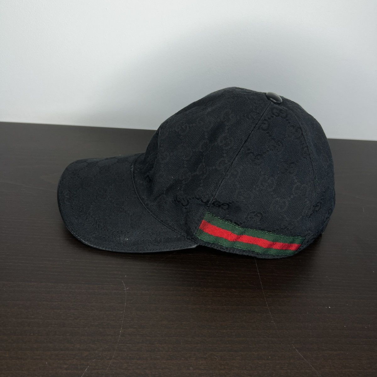Gucci Black and Gray Monogram Hat with Blue Stripe Gucci Black GG Monogram Canvas Baseball Cap Size XL main image 3