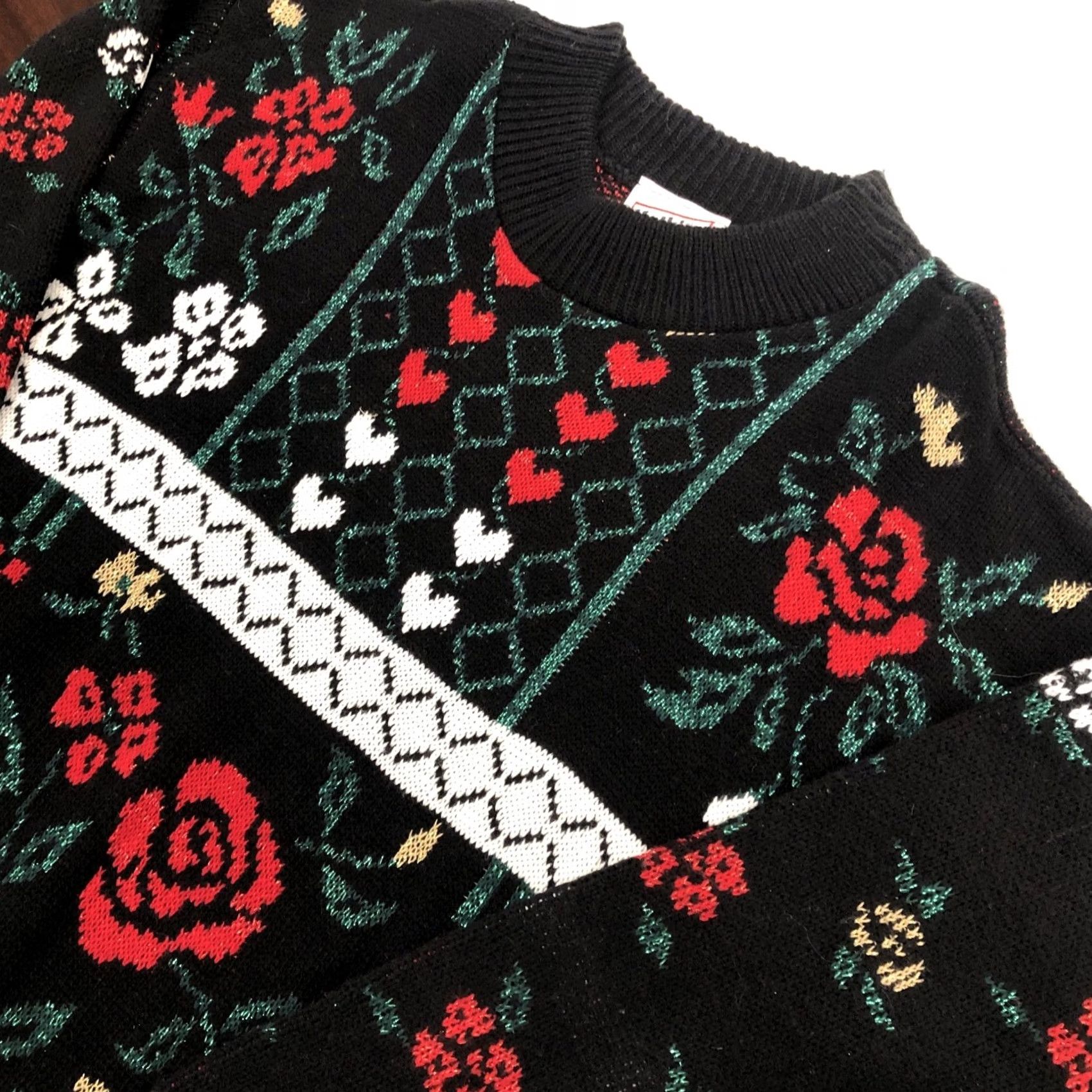 Valentino VINTAGE Mathias Sweater Women's M Black 80s 90s Floral Hearts Glitter Pullover Knit Crew Neck Long Sleeve Holiday Christmas Valentine Mens? Womens Size M / US 6-8 / IT 42-44 - 2 Thumbnail