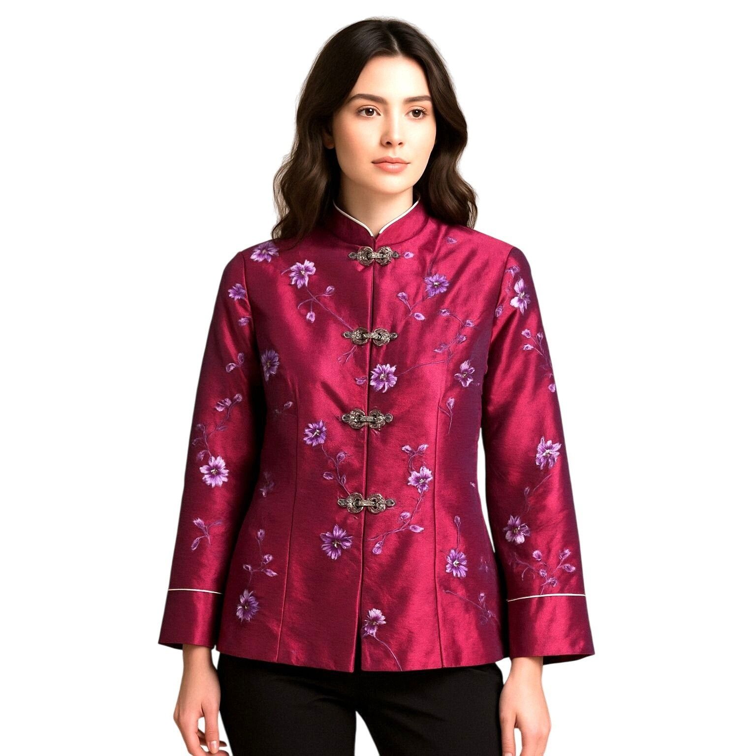 Other Zi Qing Ge Embroidered Floral Chinese Style Jacket Wine Purp Size L / US 10 / IT 46 - 10 Thumbnail