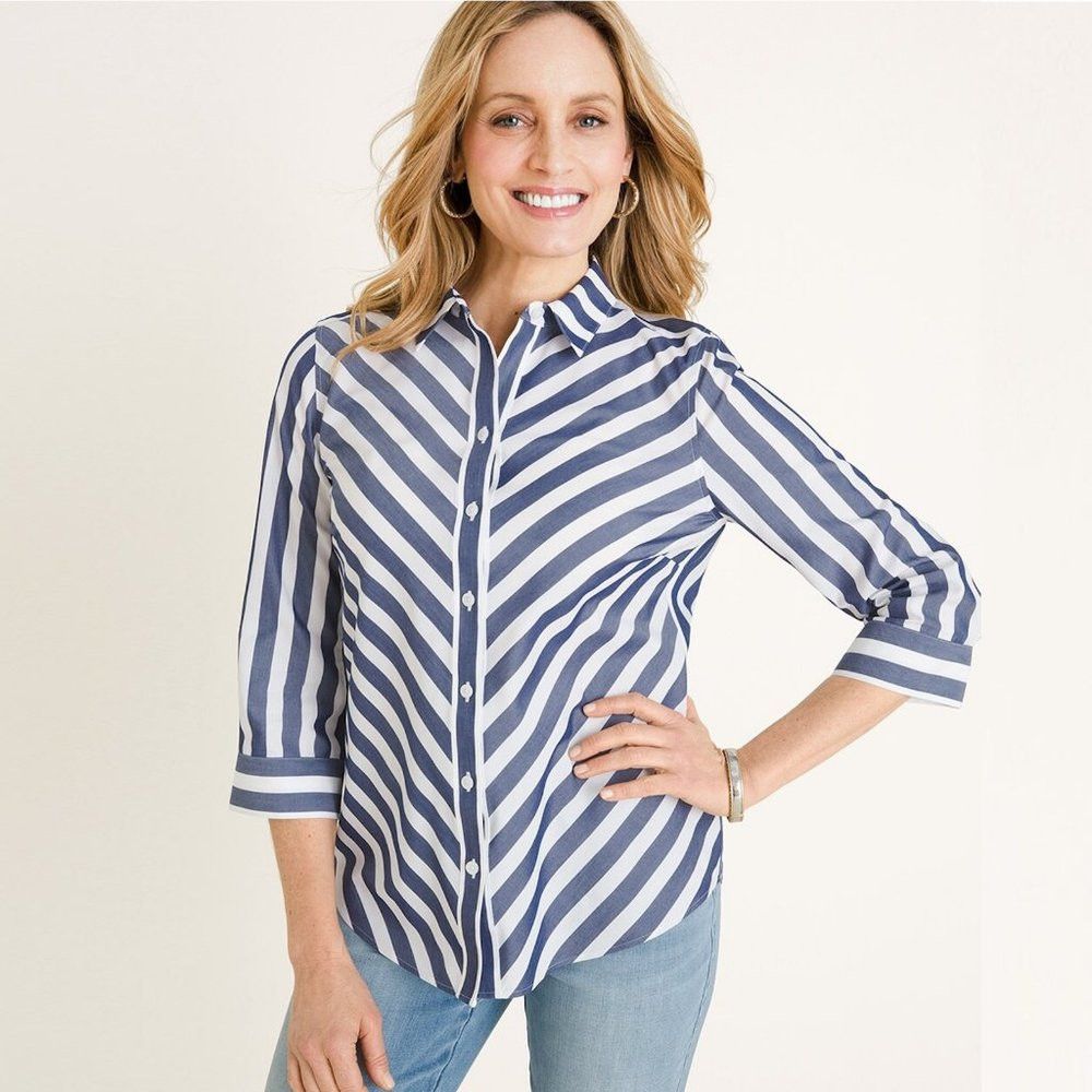 Chicos New Chico's No-Iron Cotton Striped Stain Shield Shirt Size Size L / US 10 / IT 46 - 2 Thumbnail