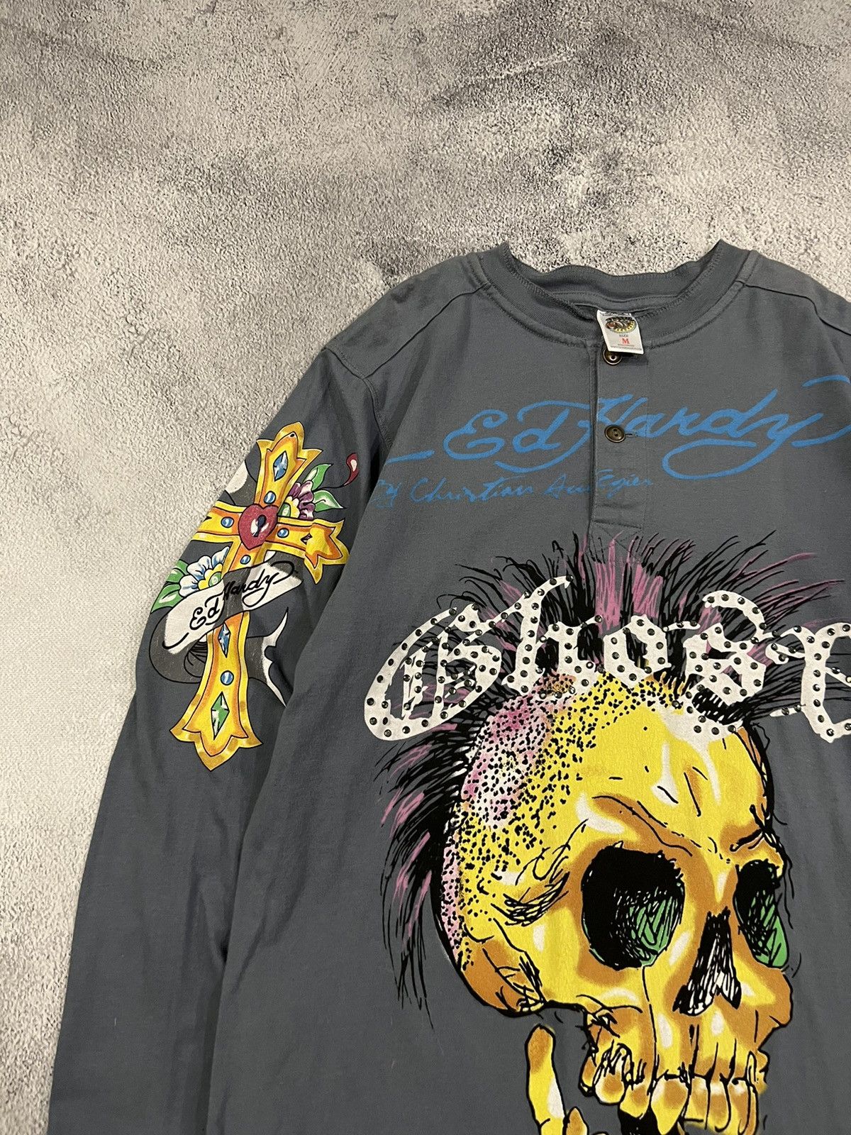 Vintage Y2k Ed Hardy Skull Cross Tattoo Rare Long Sleeve 00s