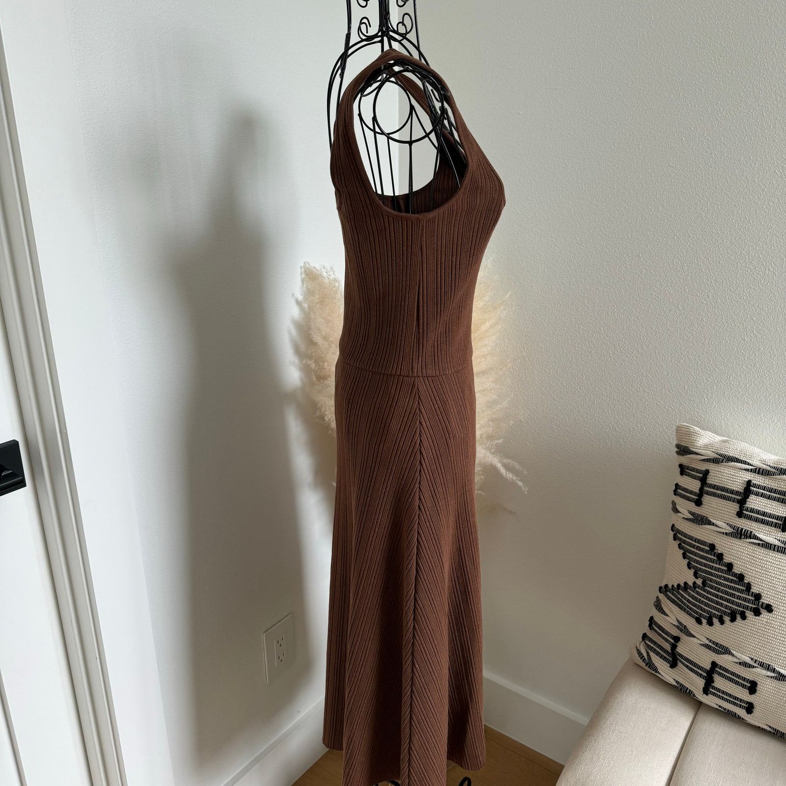 Vince Ribbed Knit Sweetheart Neck Tank Midi Dress Brown