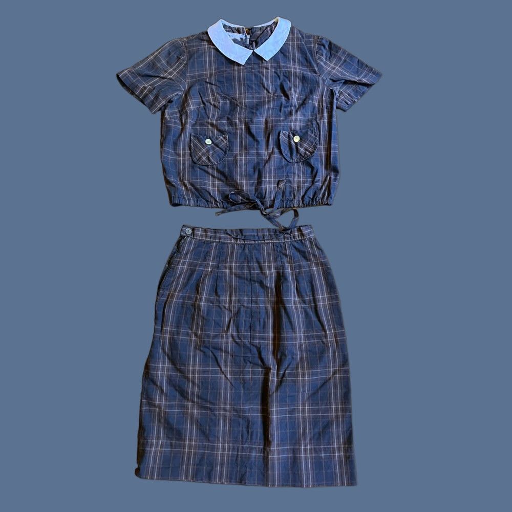 VINTAGE Helen Whiting Skirt Suit Set Brown Tartan Plaid Peter Pan Collar 60s Womens Small S Cotton Mod/GoGo