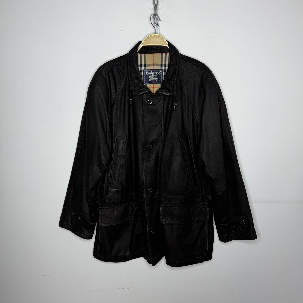Burberry Burberrys Leather Jacket Coat Black Classic Nova Check Size US L / EU 52-54 / 3 - 1 Thumbnail