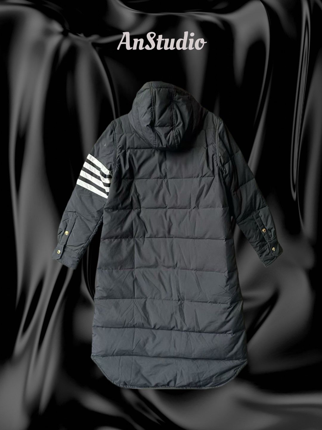 Thom Browne Navy Hooded 4-bar Puffer Coat