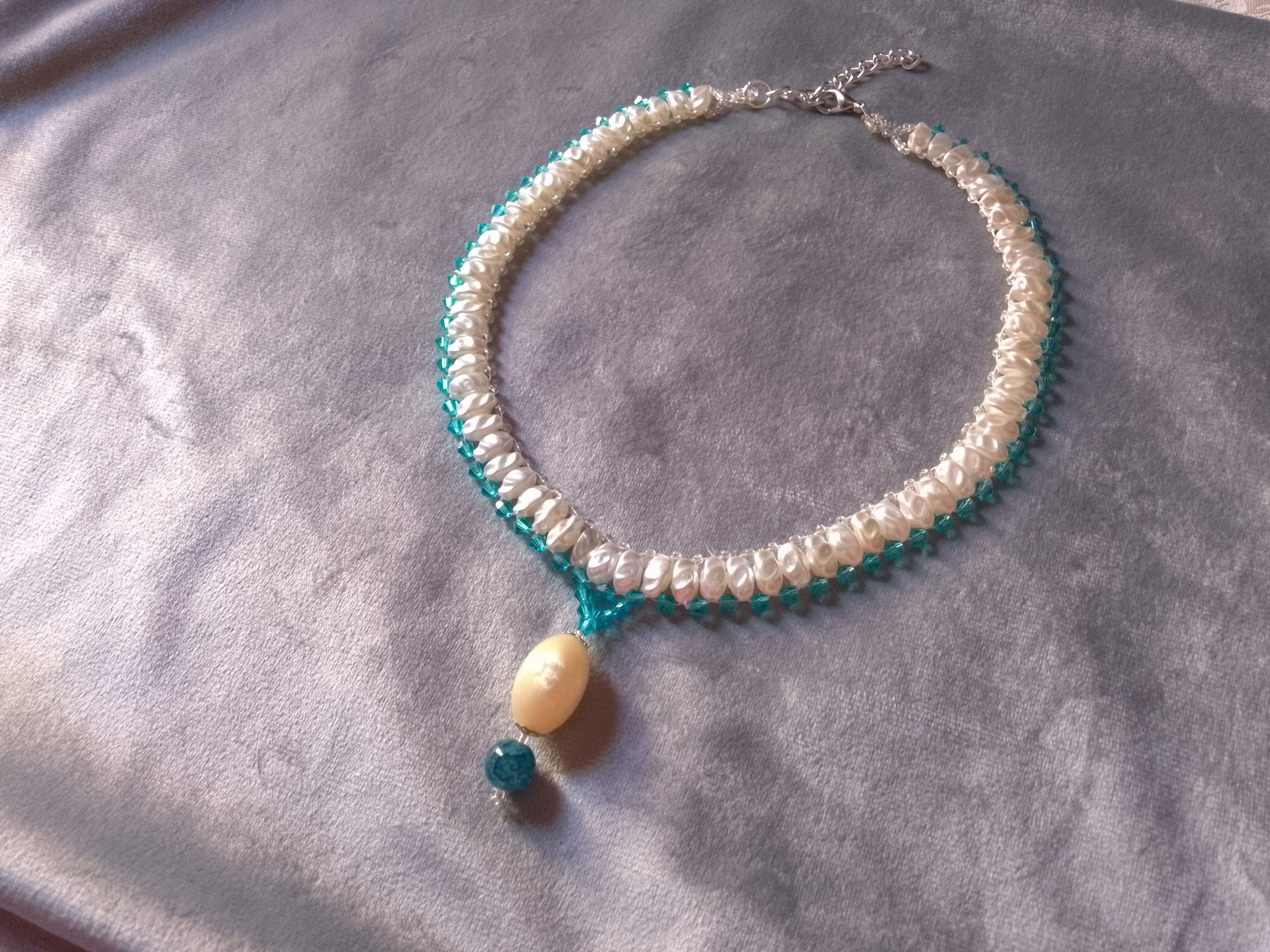 Handmade Elegant necklace Faux River Ivory Pearls Blue Crystals Size ONE SIZE - 6 Thumbnail