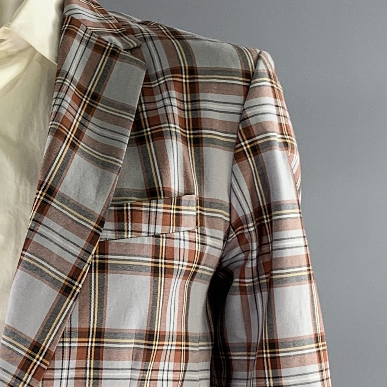 Mr Turk MR TURK 42 Grey Brown Plaid Cotton Notch Lapel Sport Coat Size 42R - 2 Thumbnail