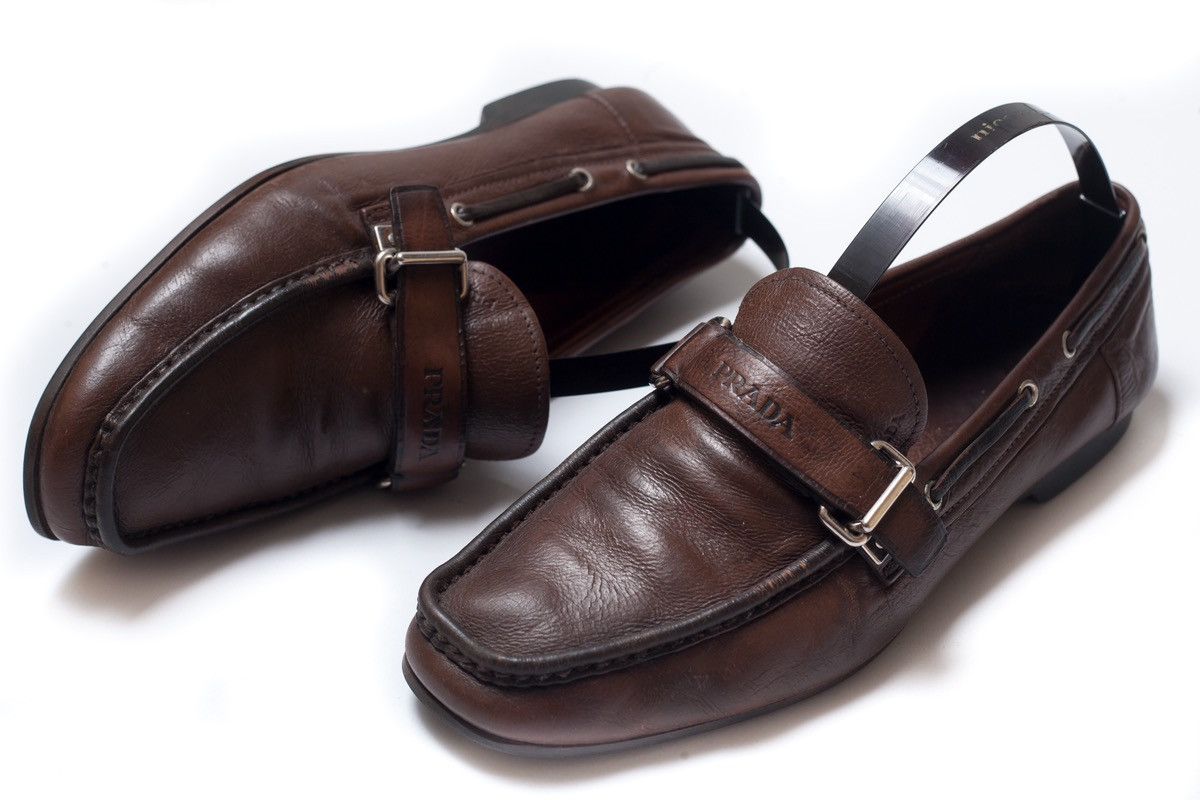 PRADA 12D2364 Mens Brown Leather Logo Loafers Size 7 1/2