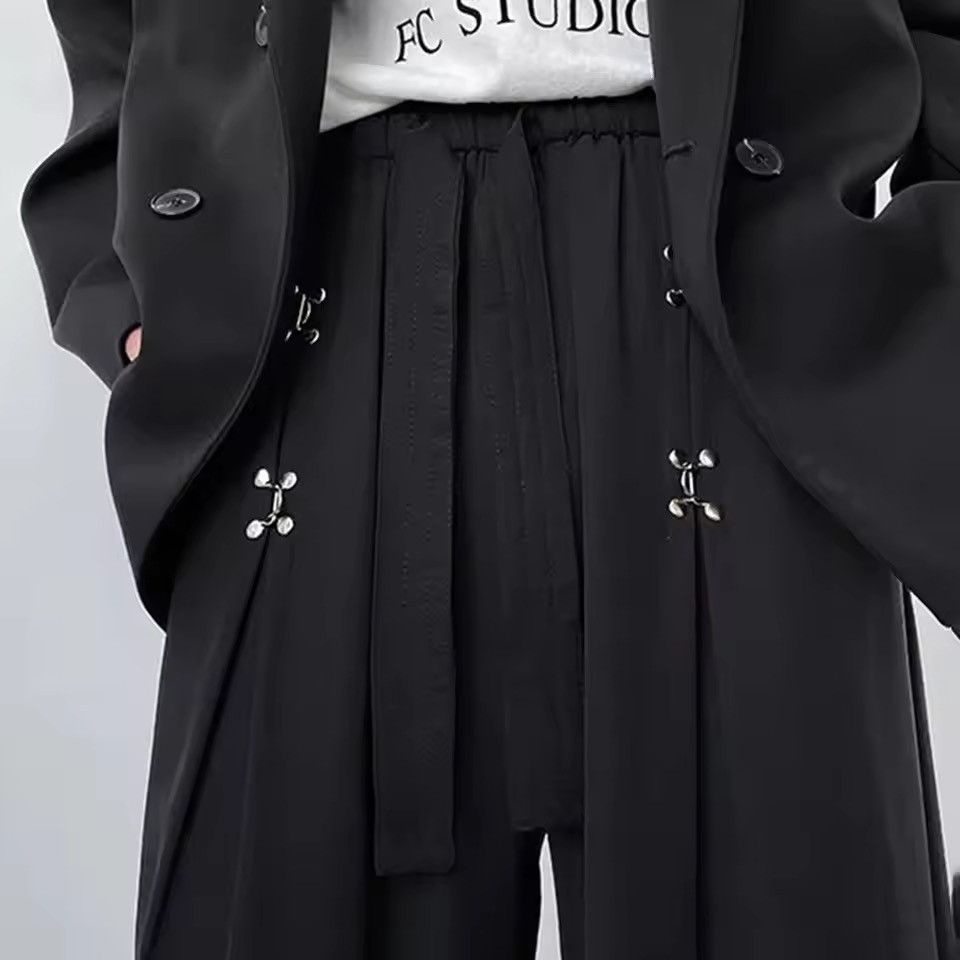 Japanese Brand Black Wide-Leg Pants – Drawstring Waist with Cross Detailing Size US 28 / EU 44 - 7 Thumbnail