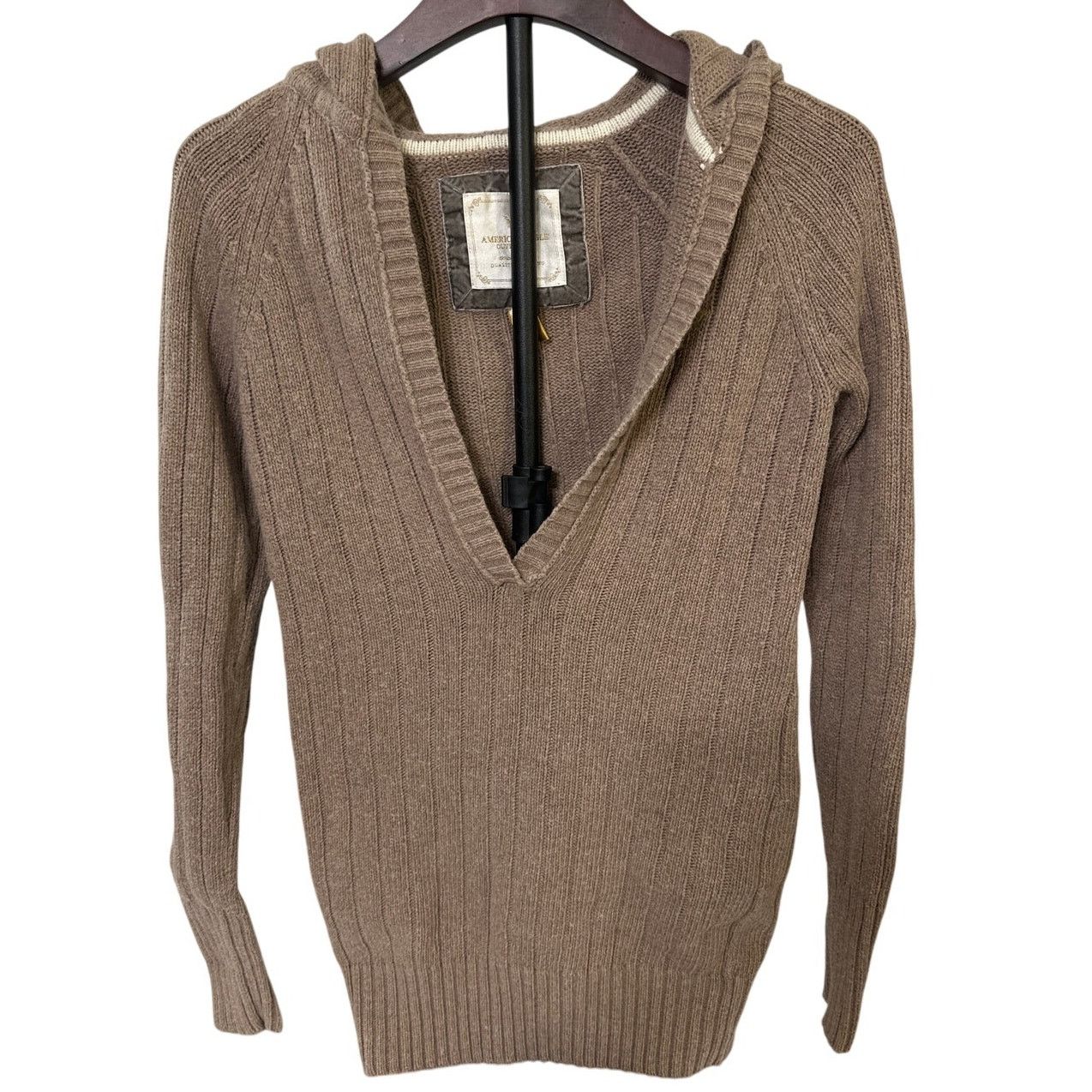 American Eagle Outfitters American Eagle Brown V Neck Hooded Sweater Size Small Size S / US 4 / IT 40 - 1 Thumbnail