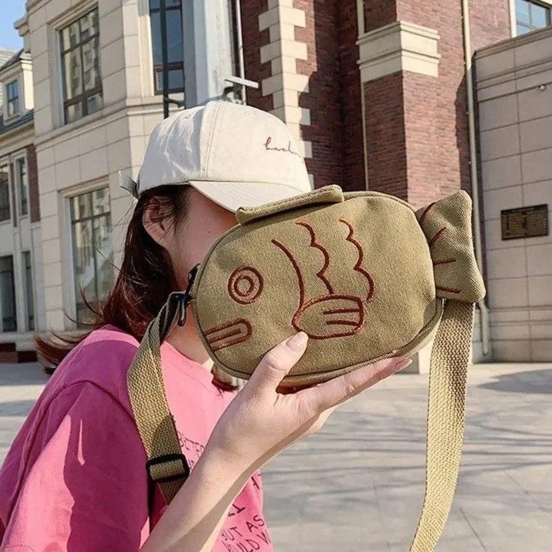 Japanese Brand Cute Fish Canvas Messenger Bag Size ONE SIZE - 3 Thumbnail