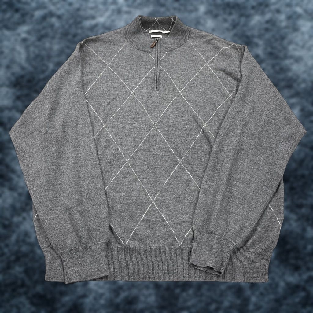 Peter Millar Sweater Mens 2XL Gray 100% Merino Wool Argyle Golf 1/4 Zip Mock Neck Winter Fall Sports Pullover Classic Preppy Mens
