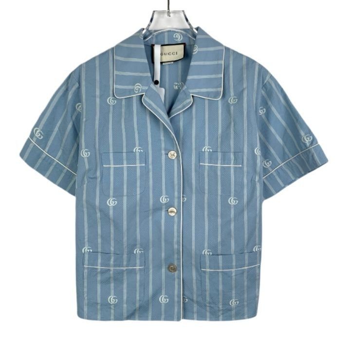 Gucci Gucci Double G Logo Embroidered Blue and White Striped Cotto Size M / US 6-8 / IT 42-44 - 1 Thumbnail
