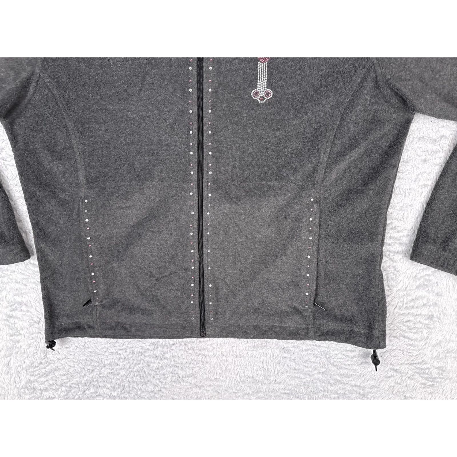 Pinko Columbia Jacket Women XL Gray Full Zip Rhinestone Cross Heart Pink Ribbon Fleece Size XL / US 12-14 / IT 48-50 - 5 Thumbnail