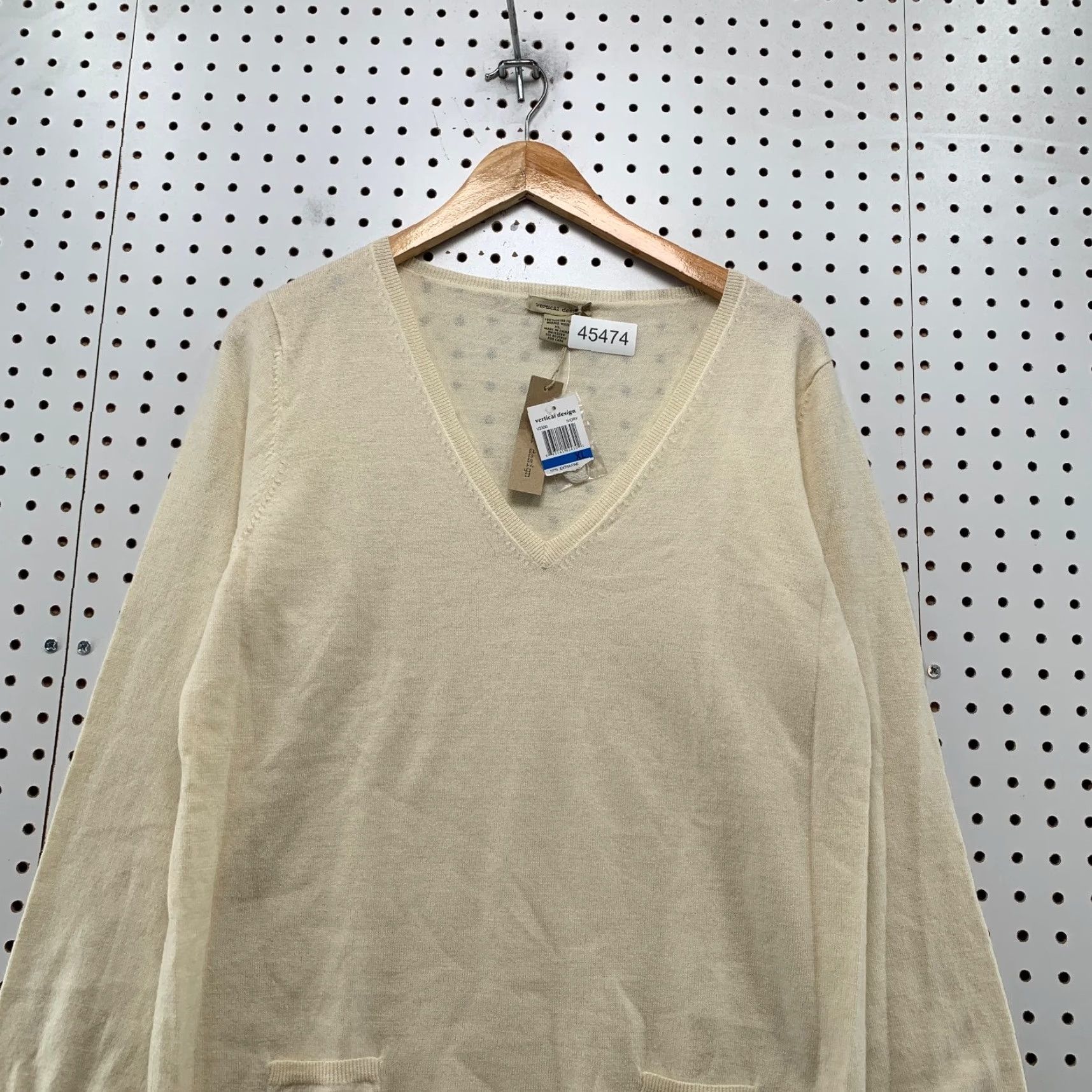 Vintage Vertical Design Sweater Womens XL Ivory Pockets 100% Merino V Neck Size XL / US 12-14 / IT 48-50 - 2 Thumbnail