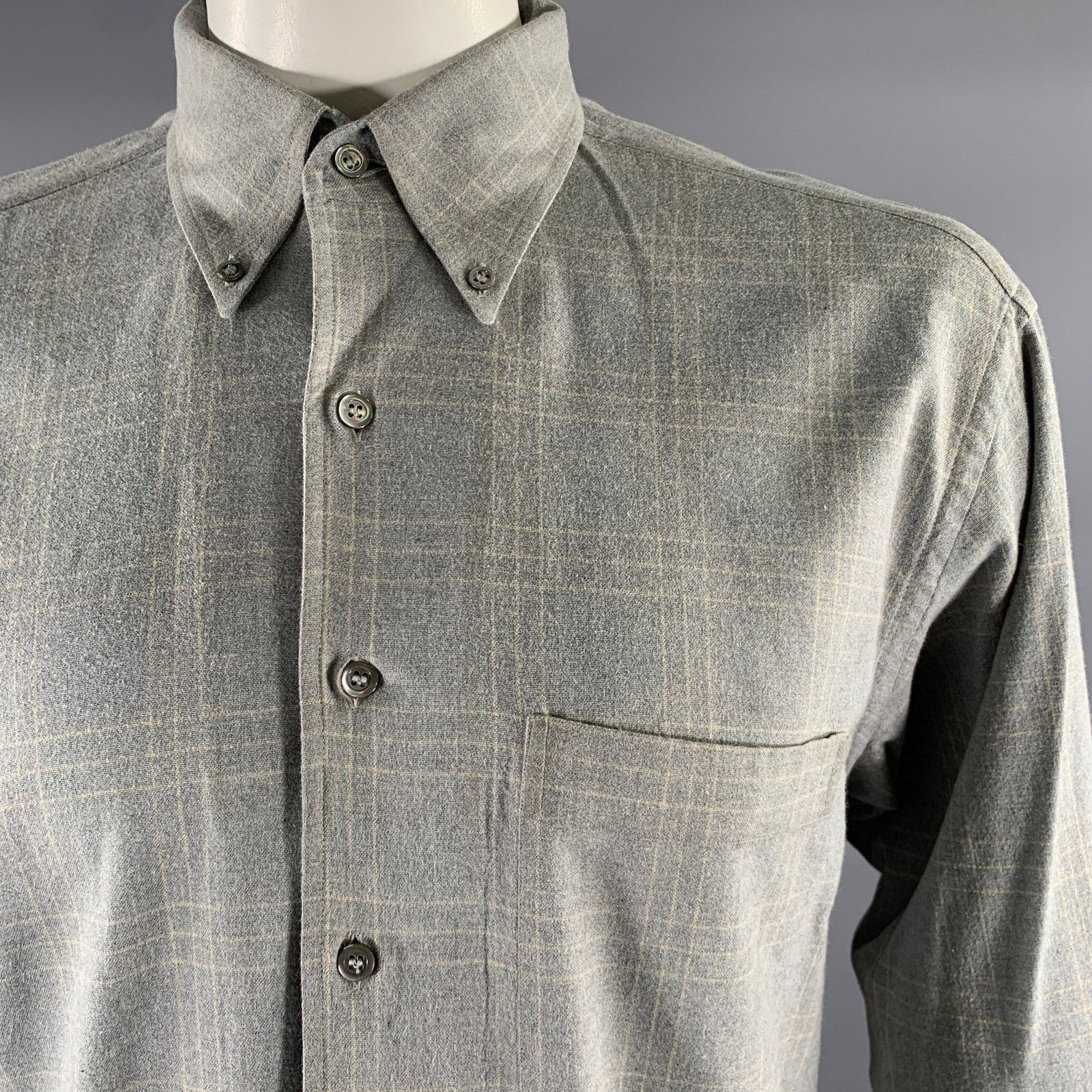 Ermenegildo Zegna ERMENEGILDO ZEGNA XL Grey Plaid Cotton Button Down Shirt Size US XL / EU 56 / 4 - 2 Thumbnail