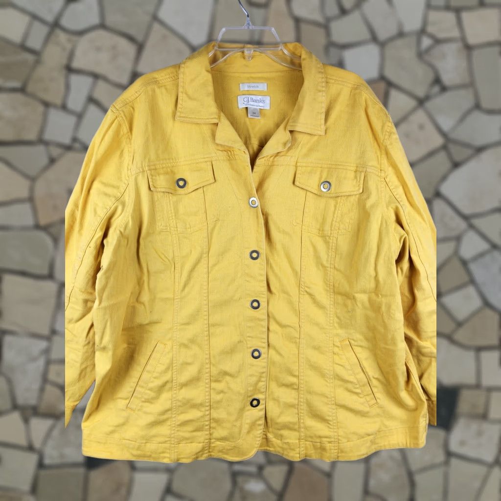 Vintage CJ Banks Denim Jacket Yellow Long Sleeve Button Front 3XL Women's Jacket Casual Mid-Length Solid Cotton Blend Pockets Collared Vintage No Size XXL / US 16-18 / IT 52-54 - 1 Thumbnail