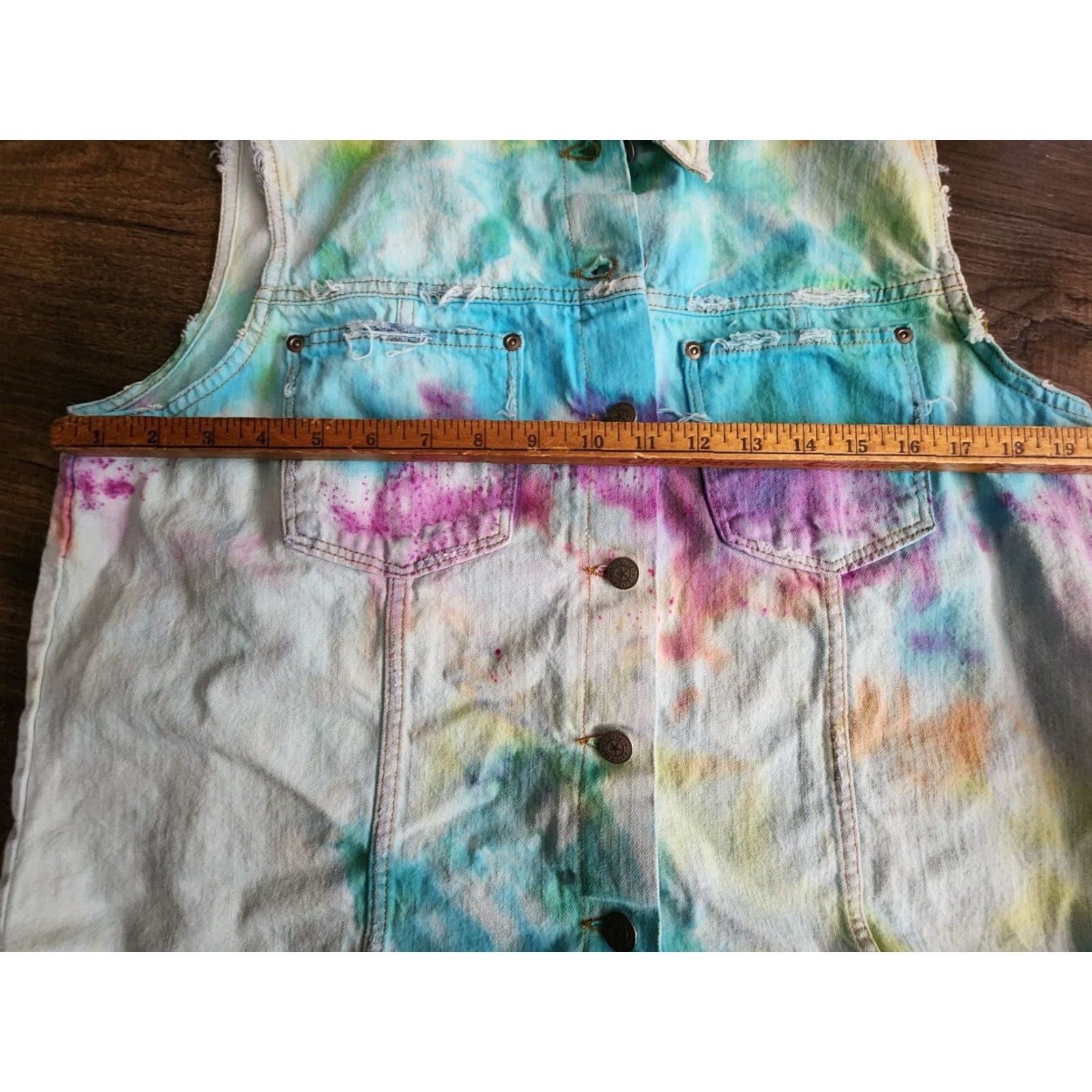 Denime Vintage Women's XL Upcycled Denim Vest Tie Dye Skull Rebirth Pride Halloween Boho Festival Unique Size 40" / US 18 - 3 Thumbnail