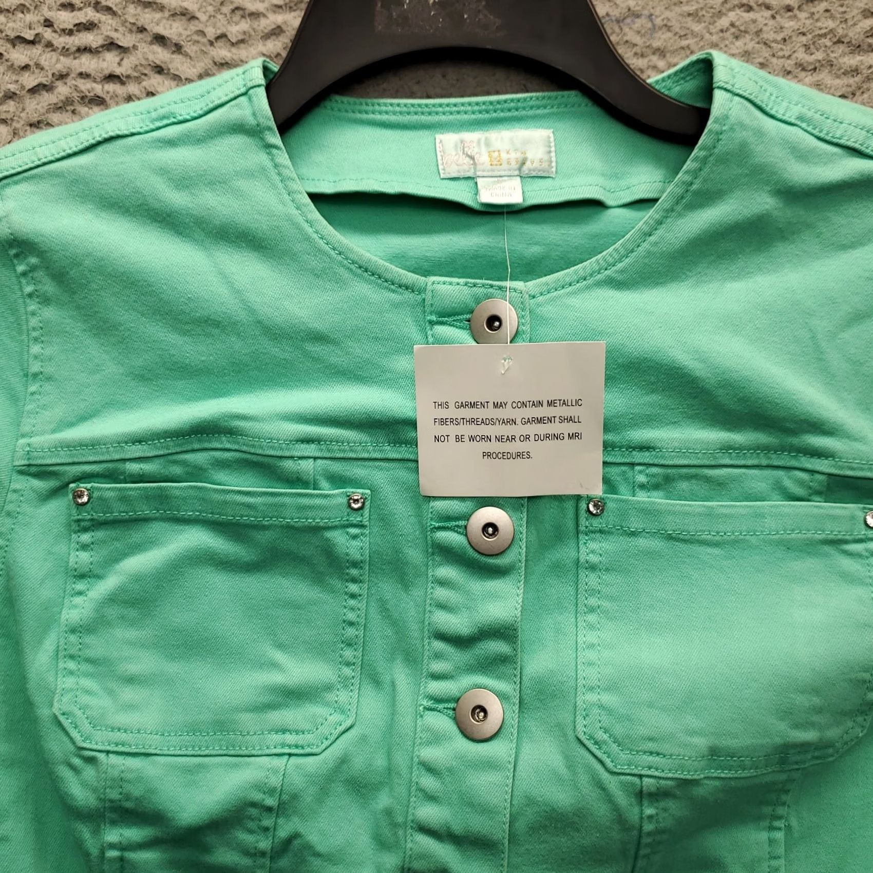 Vintage Belle by Kim Gravel Green Denim Jacket Womens S Collarless Silver Buttons Size S / US 4 / IT 40 - 7 Thumbnail