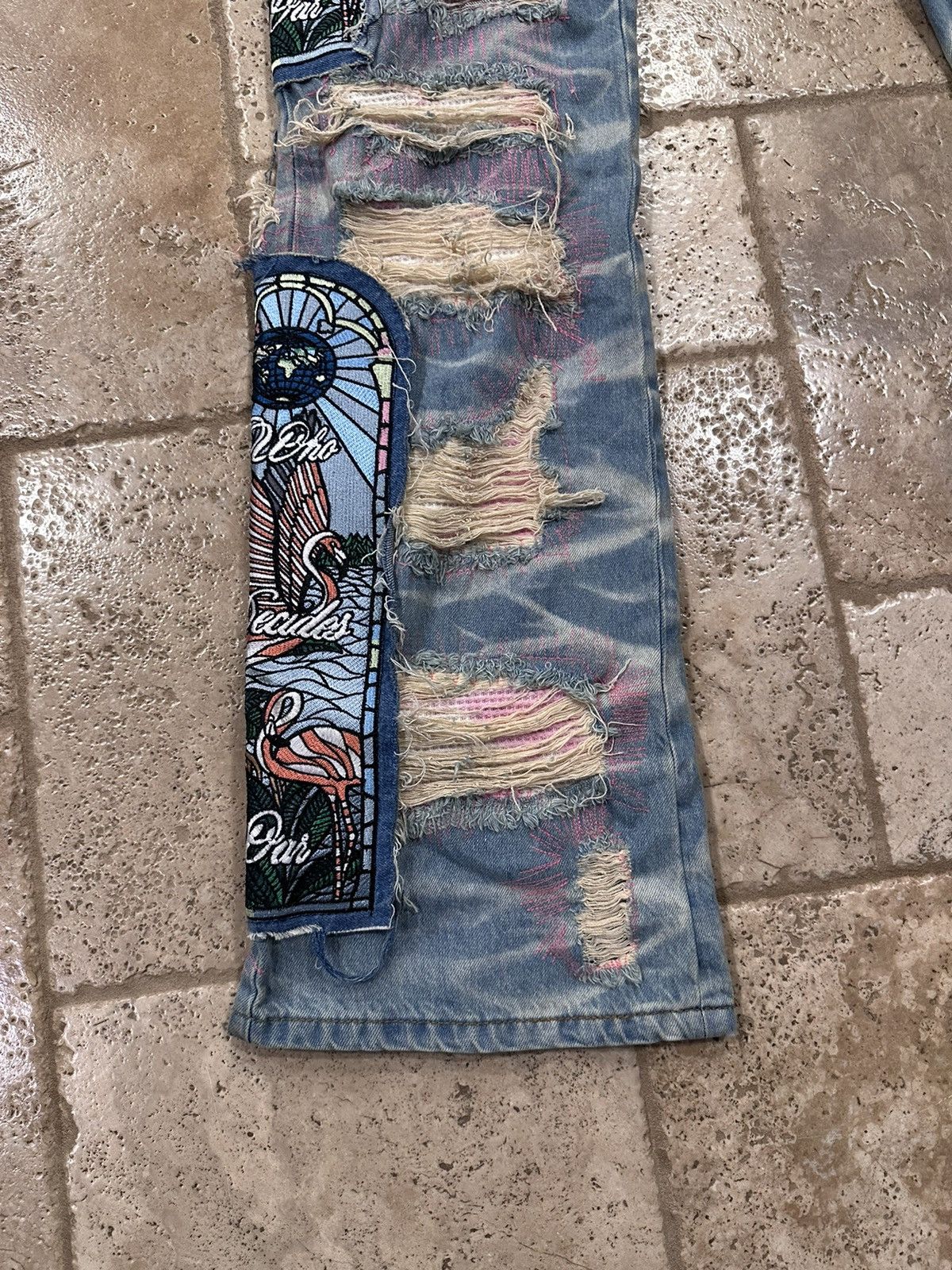 Who Decides War WDW Pink Flamingo Patch Fusion Denim Jeans