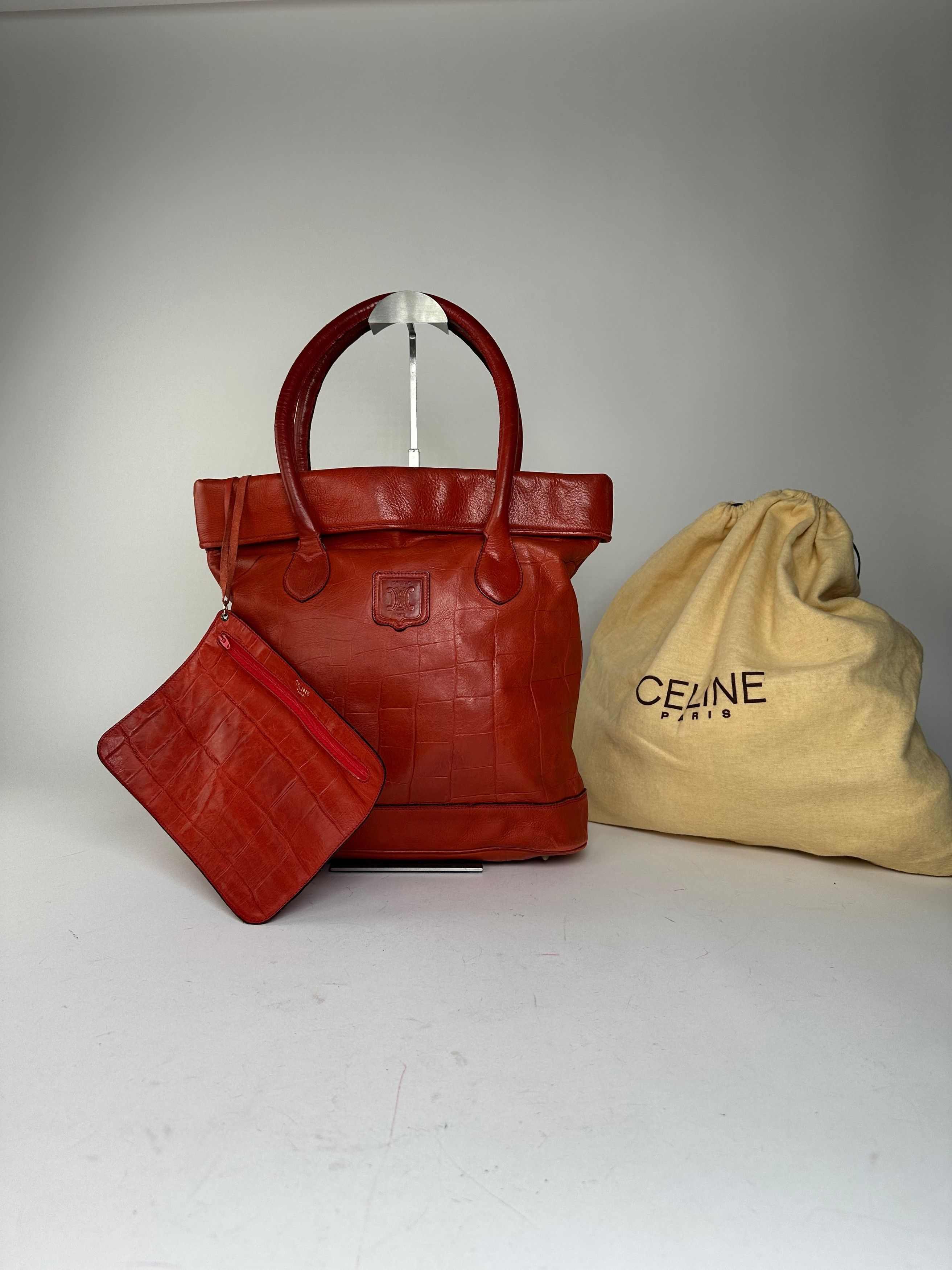 Celine Vintage Triomphe Crest Croc Embossed Leather Tote Red Size ONE SIZE - 1 Thumbnail