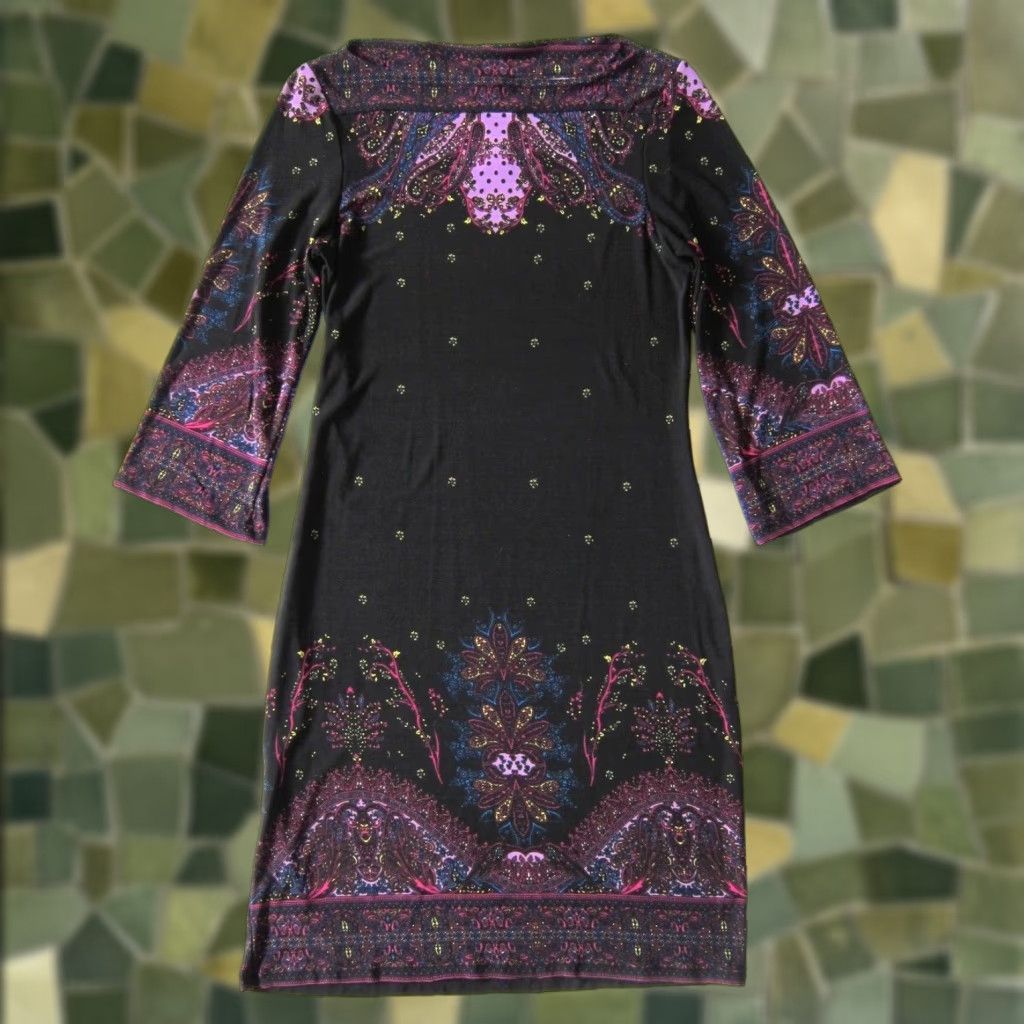 Vintage iCE Purple Black Paisley Floral Stretch 3/4 Sleeve Sheath Shift Tunic Dress 10P Size L / US 10 / IT 46 - 1 Thumbnail