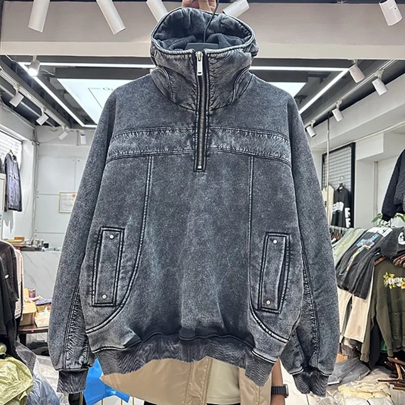 Heavy Wash Stitching Half Zipper Hoodie