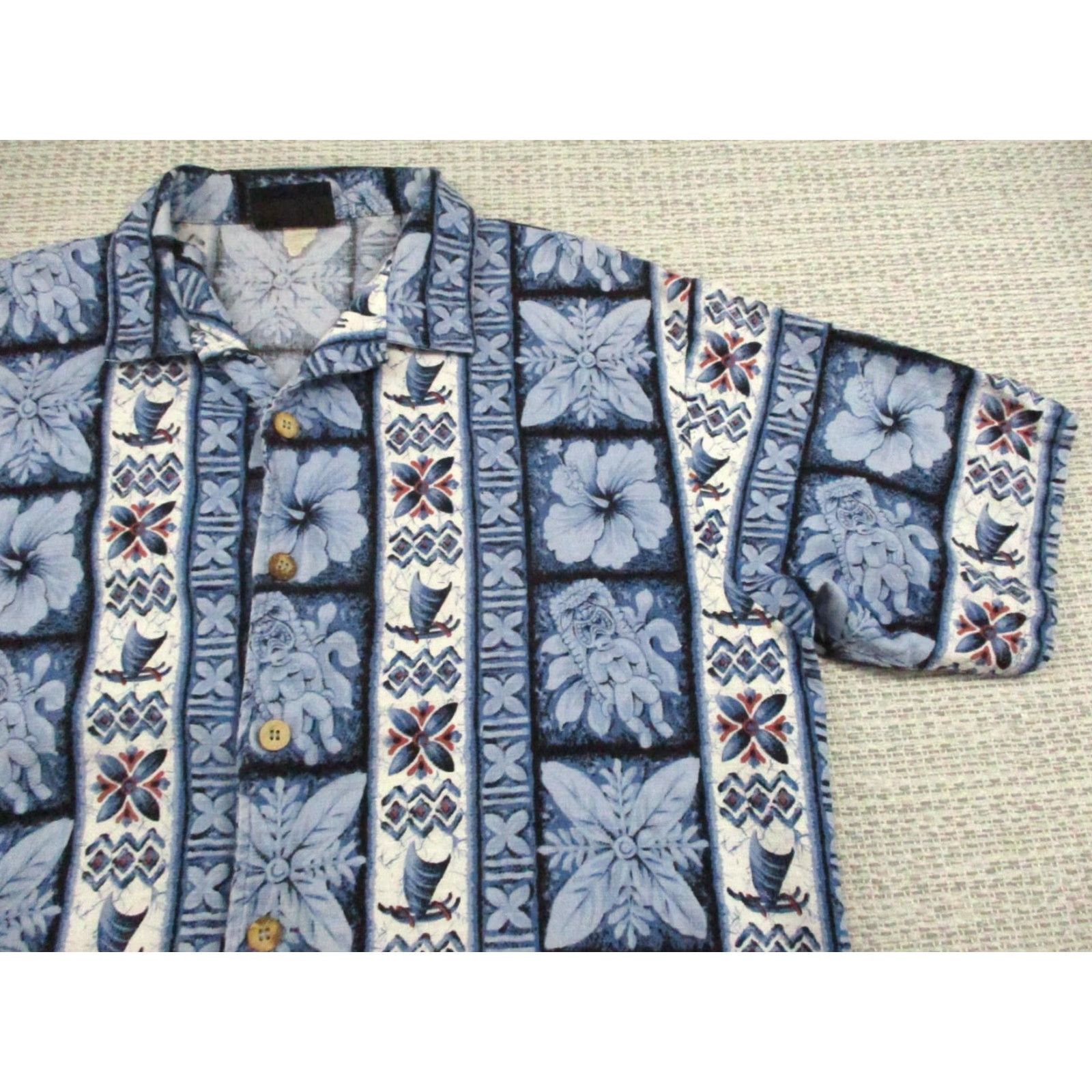 Vintage VINTAGE ODO Hawaiian Shirt Mens Large Blue Tiki Hibiscus Sailboat Camp Collar Aloha Casual Short Sleeve Floral Button-Up Size US L / EU 52-54 / 3 - 2 Thumbnail