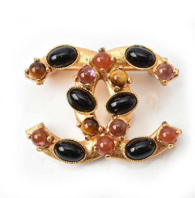 Chanel Chanel Chanel Brooch Coco Mark Color Stone Gold Metal Brooch Size ONE SIZE - 1 Thumbnail