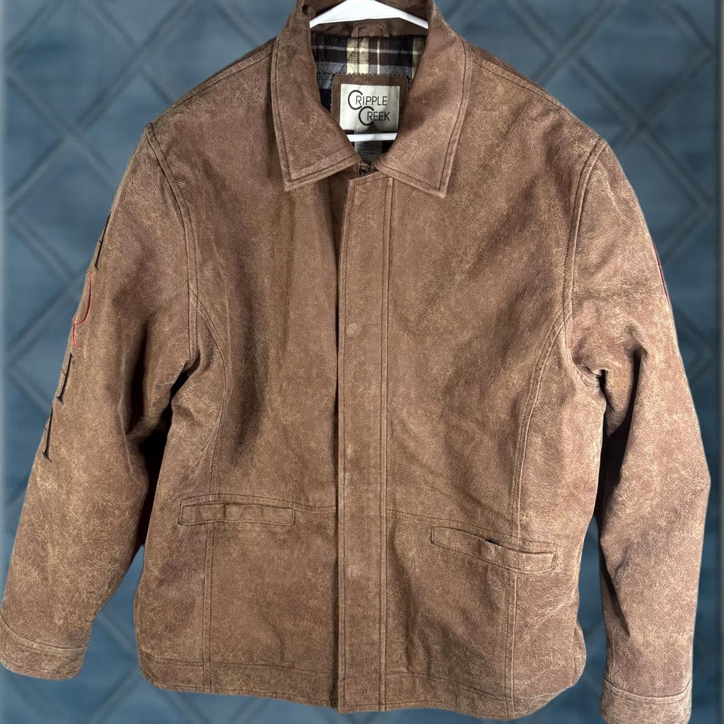 Vintage Cripple Creek Mens Leather Bomber Jacket AQHA World Championship Show Judge Embroidered Patch Brown L Jacket/Coat Size US L / EU 52-54 / 3 - 1 Thumbnail
