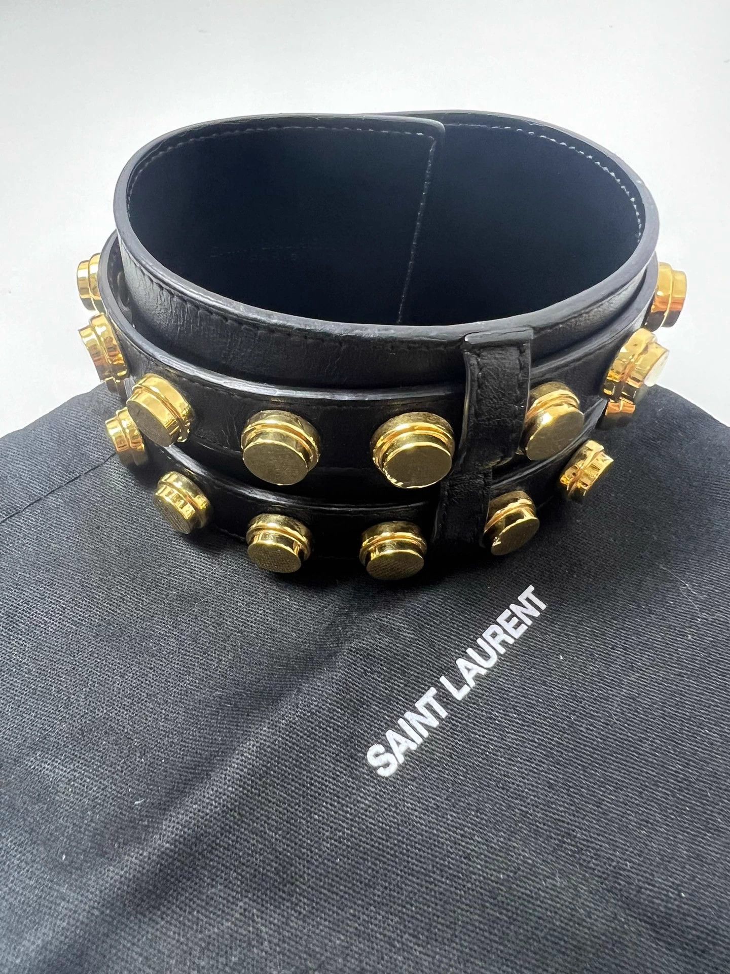 Saint Laurent Paris SLP Breasted Studded Black Leather Bracelet Adjustable Size ONE SIZE - 3 Thumbnail