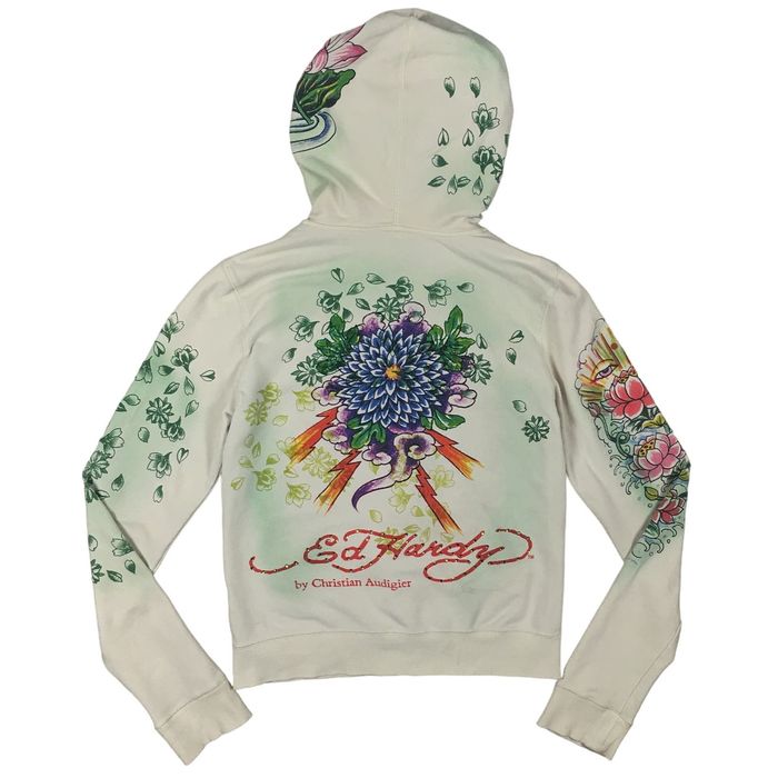 Vintage Y2K Ed Hardy Lotus Flower Rhinestone Zip Hoodie Sweatshirt