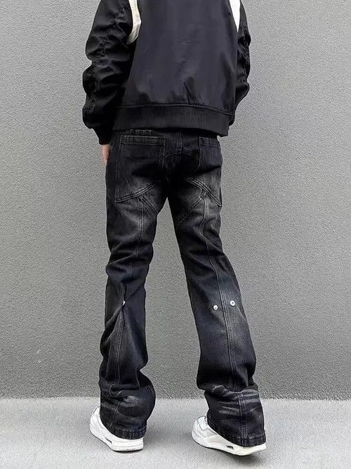 image of Street Washed Distressed Patchwork Micro-Flare Jeans in Black, Men's (Size 32)