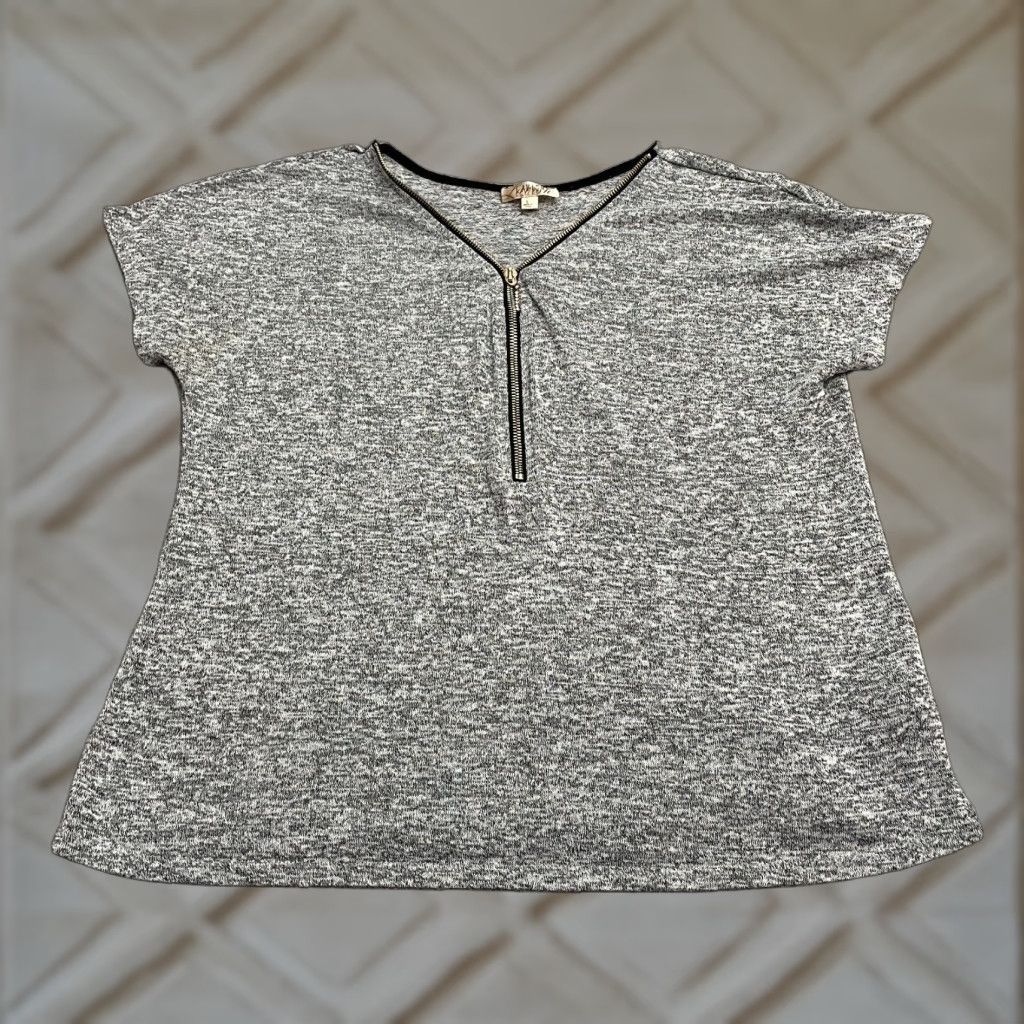 Vintage Lavish 1/2 Zip Top Womens Large Gray V-Neck Short Sleeve Casual Stretch Blouse Size L / US 10 / IT 46 - 1 Thumbnail