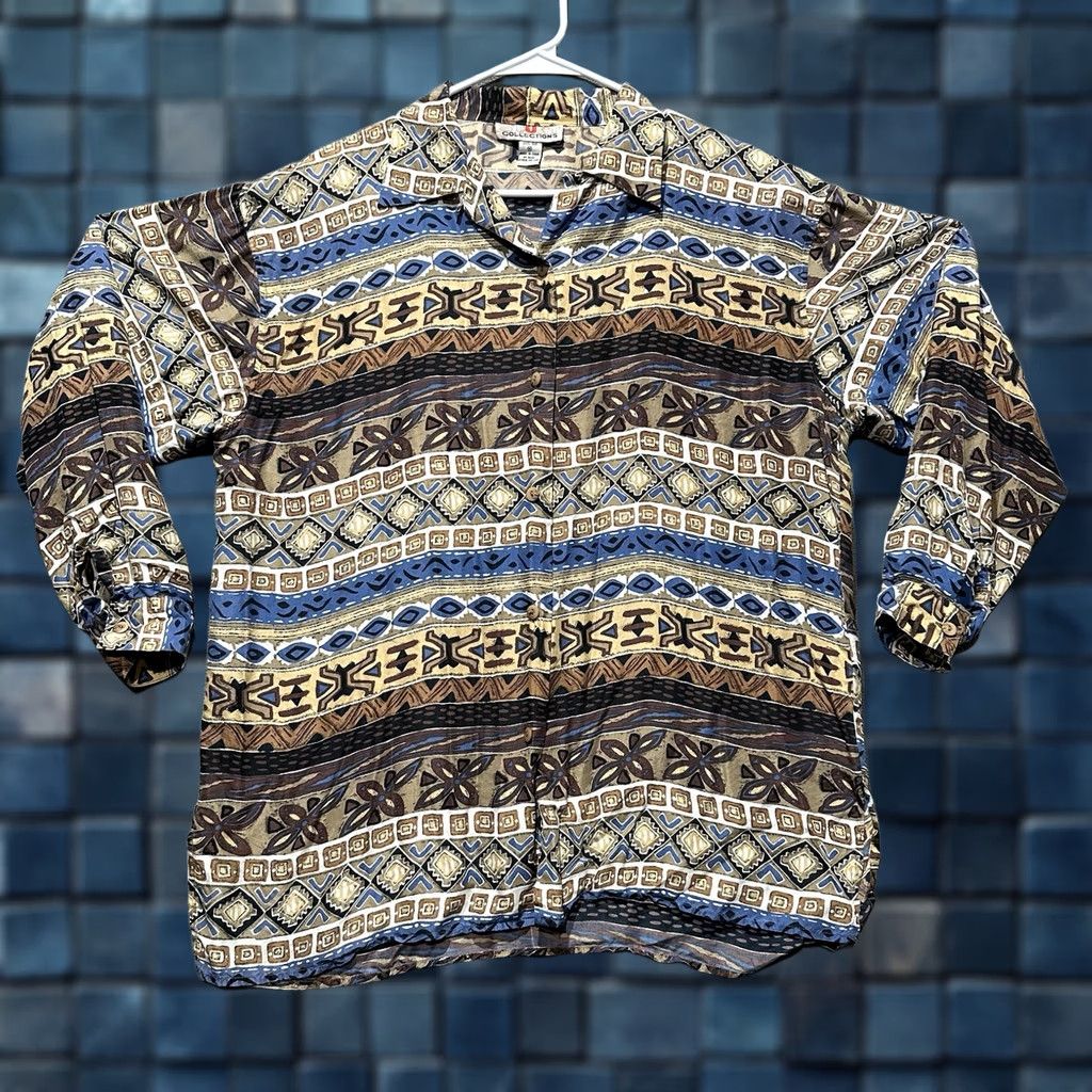 Vintage VINTAGE Stunt Collections Shirt Women M Blue Beige Tribal Aztec Silk Loop Collar Size M / US 6-8 / IT 42-44 - 1 Thumbnail
