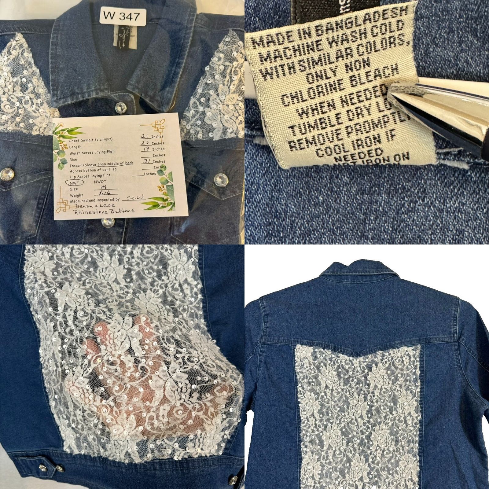 Vintage Fashque Studio Jacket Women's M Denim Blue Lace Stitch Rhinestone Buttons Pockets Sequin Lightweight Casual Size M / US 6-8 / IT 42-44 - 8 Thumbnail