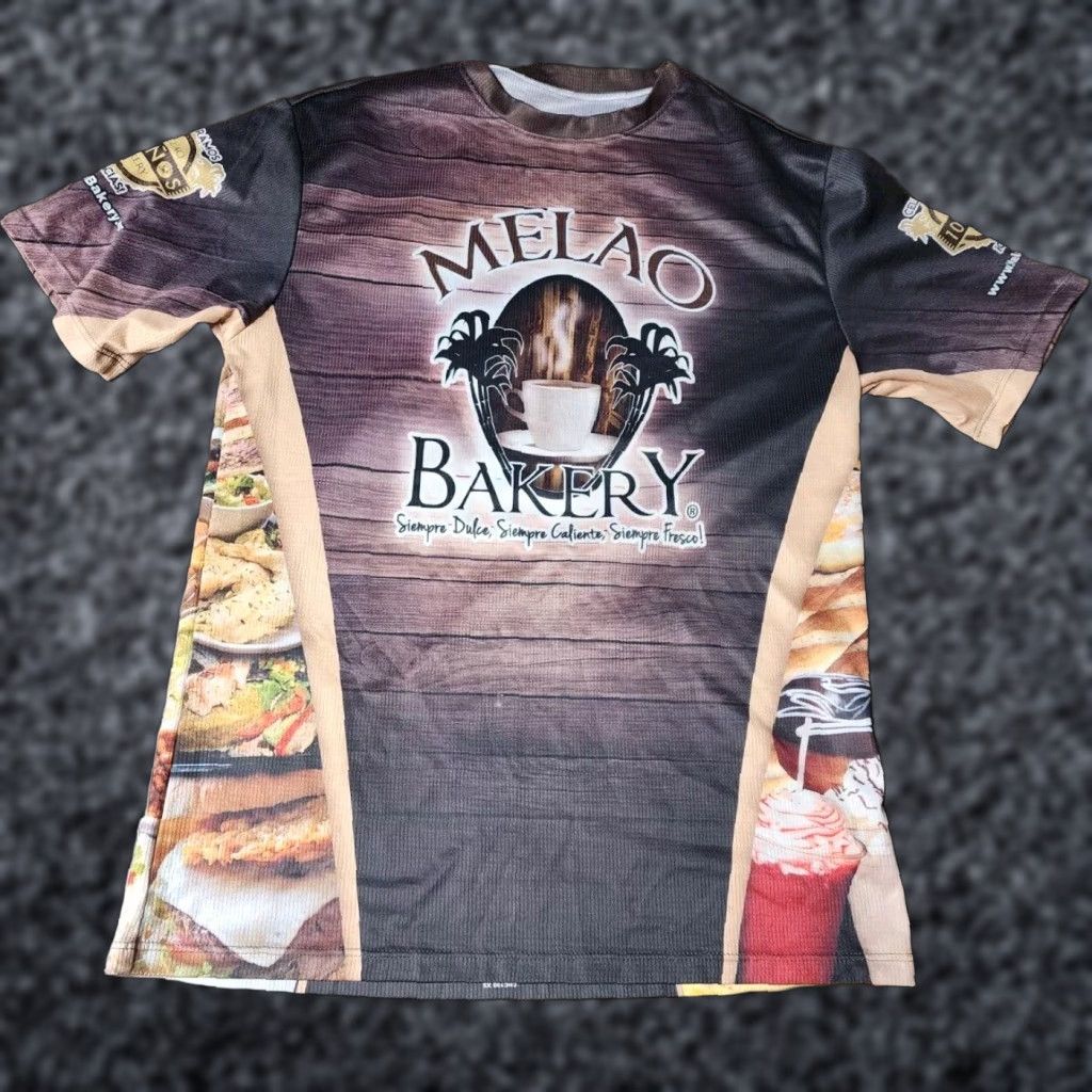 Vintage Mens XS Melao Bakery FL Spanish Latin Food All Over Print T Shirt Size US XS / EU 42 / 0 - 1 Thumbnail