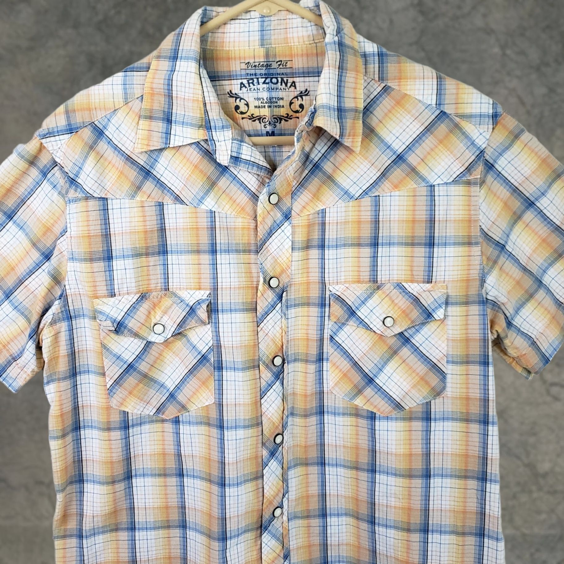 Vintage VINTAGE AriZona Western Shirt Cotton Blue Peach Plaid Short Sleeve Pearlsnap Button-Up M Mens BB 90s Size US M / EU 48-50 / 2 - 1 Thumbnail