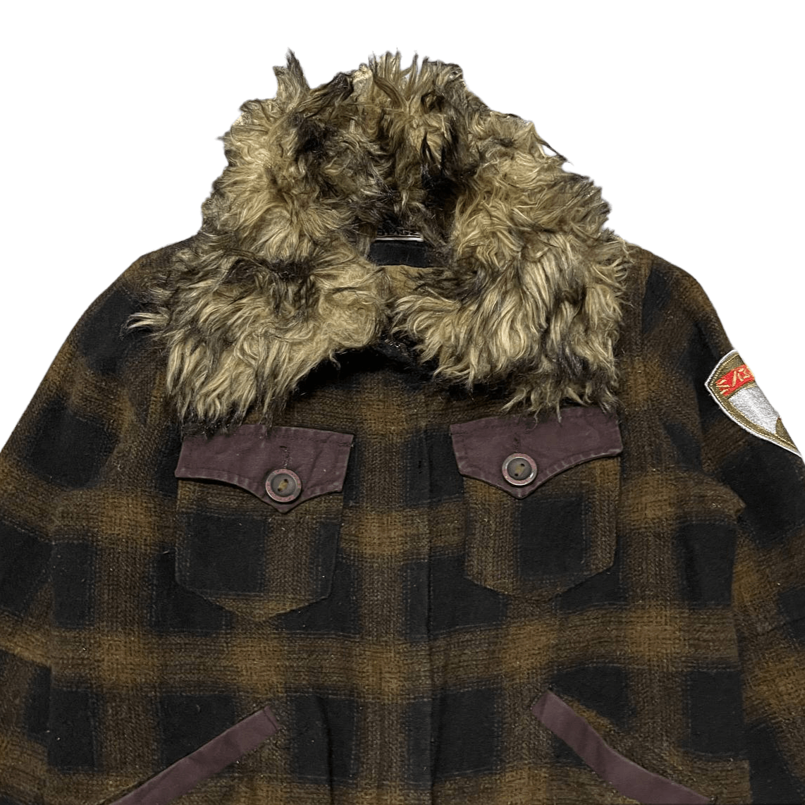 SBTG Vintage Sabotage Wool Plaid Fur Jacket 4 Pockets Size S / US 4 / IT 40 - 2 Thumbnail