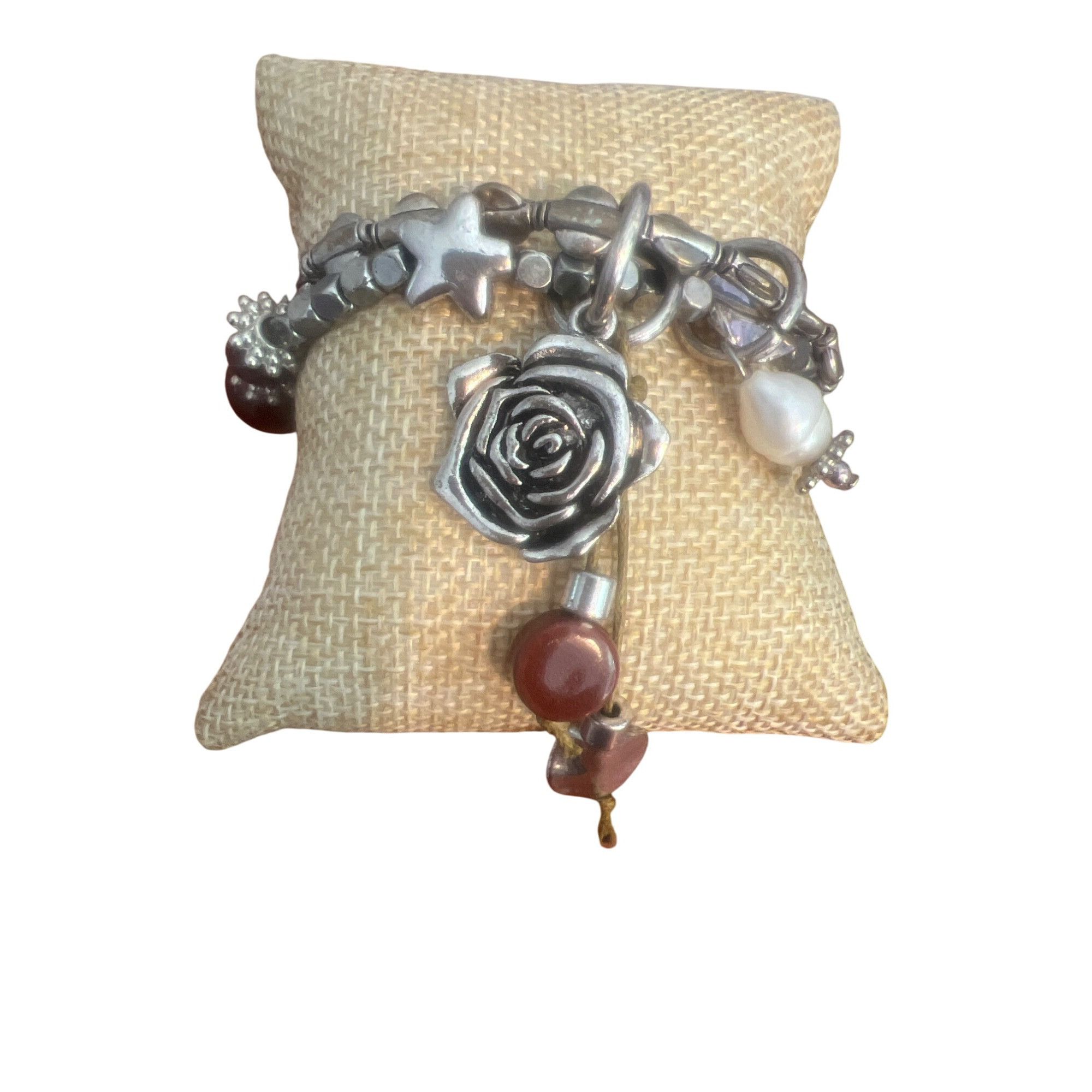 Other 2 Strand Silver Tone Beaded Stretch Bracelet Rose Charm Pear Size ONE SIZE - 2 Thumbnail