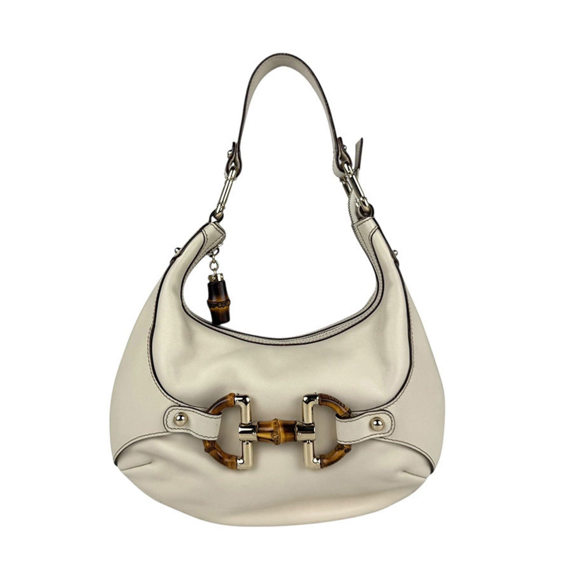 Gucci Shoulder Bag Bamboo Horsebit Leather Ivory Women's 154378 Z5392 in Beige