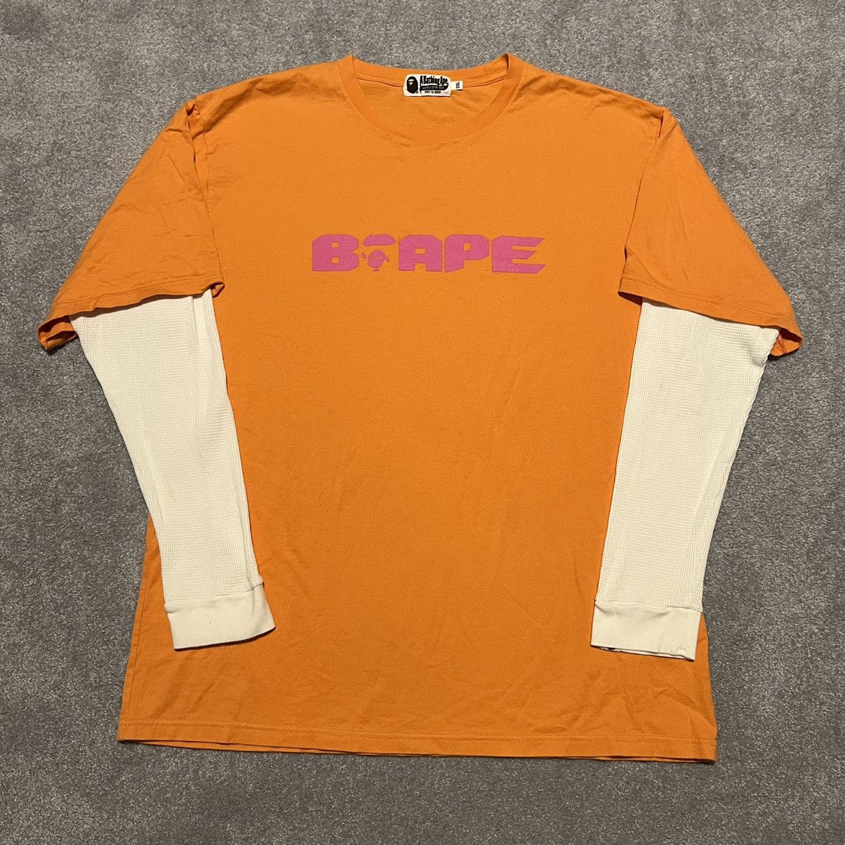 image of A Bathing Ape Bape Orange Thermal Layered Longsleeve T Shirt in Orange/White, Men's (Size 2XL)
