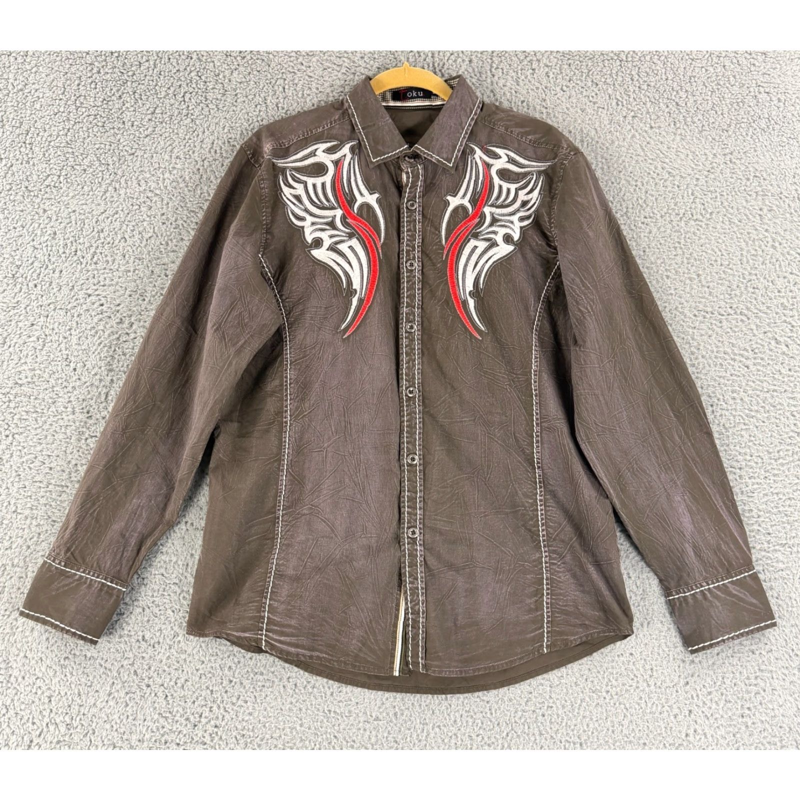 Vintage Toku Embellished Western Button-Up Shirt Mens L Brown Long Sleeve Cotton Size US L / EU 52-54 / 3 - 2 Thumbnail