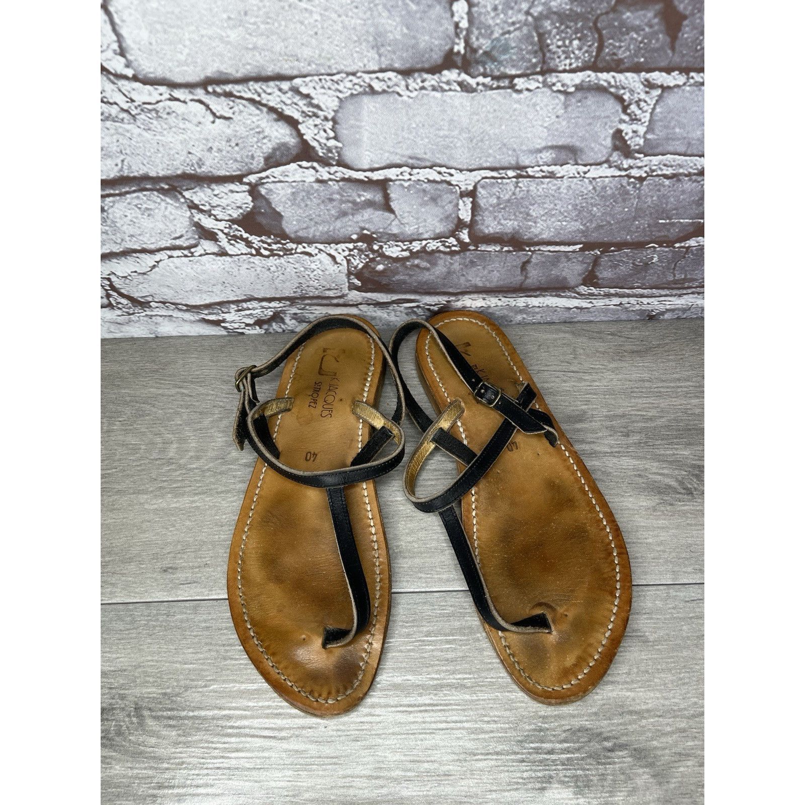 Jacques Lemans K Jacques Picon Black Leather Flat Thong Strap Sandals Women Size US 9.5 / IT 39.5 - 12 Thumbnail