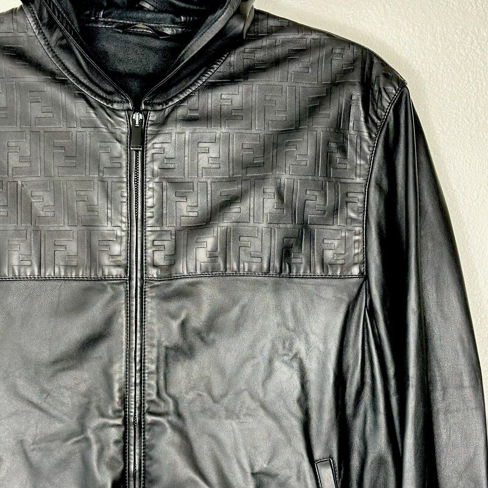 Fendi Fendi Black Leather Embossed Monogram Front Hooded Jacket Size US L / EU 52-54 / 3 - 6 Thumbnail